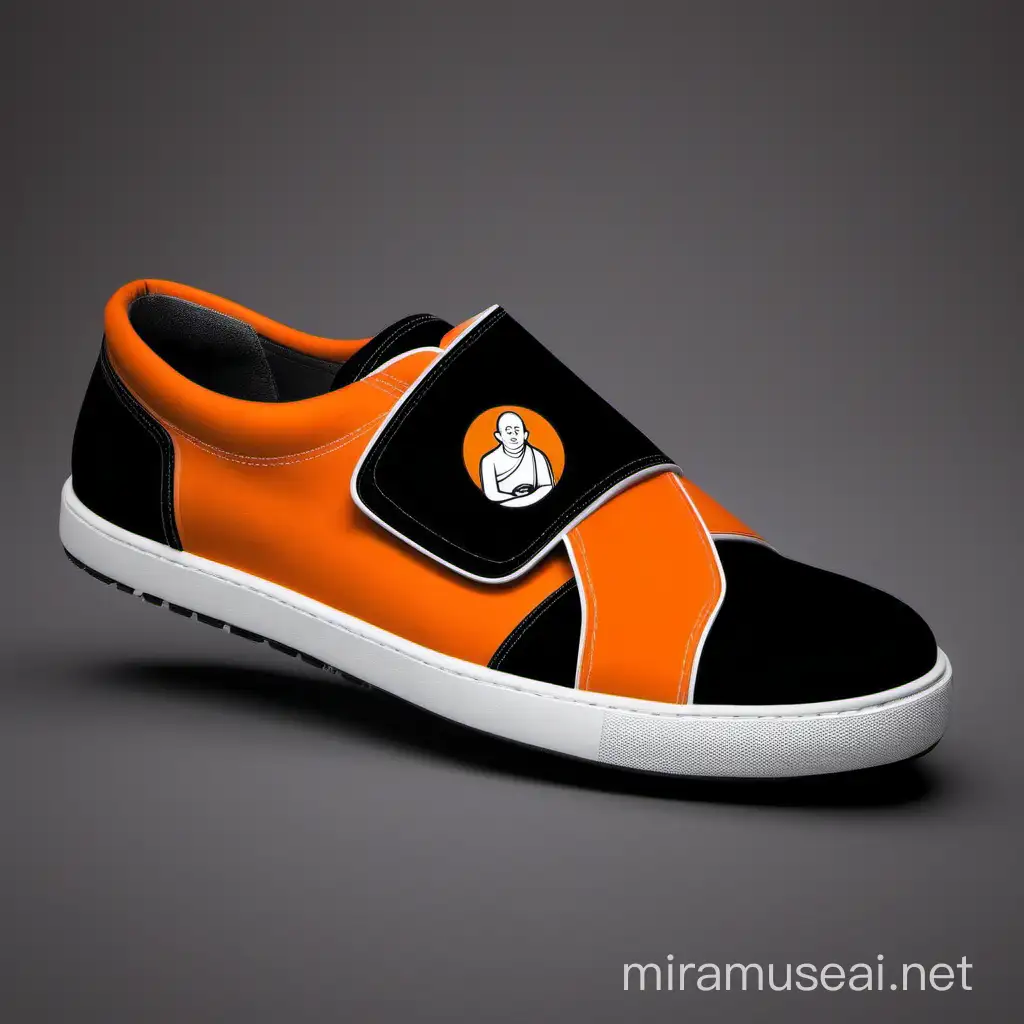 Monk Logo, colors, black, white and orange add name Footwear Monastery