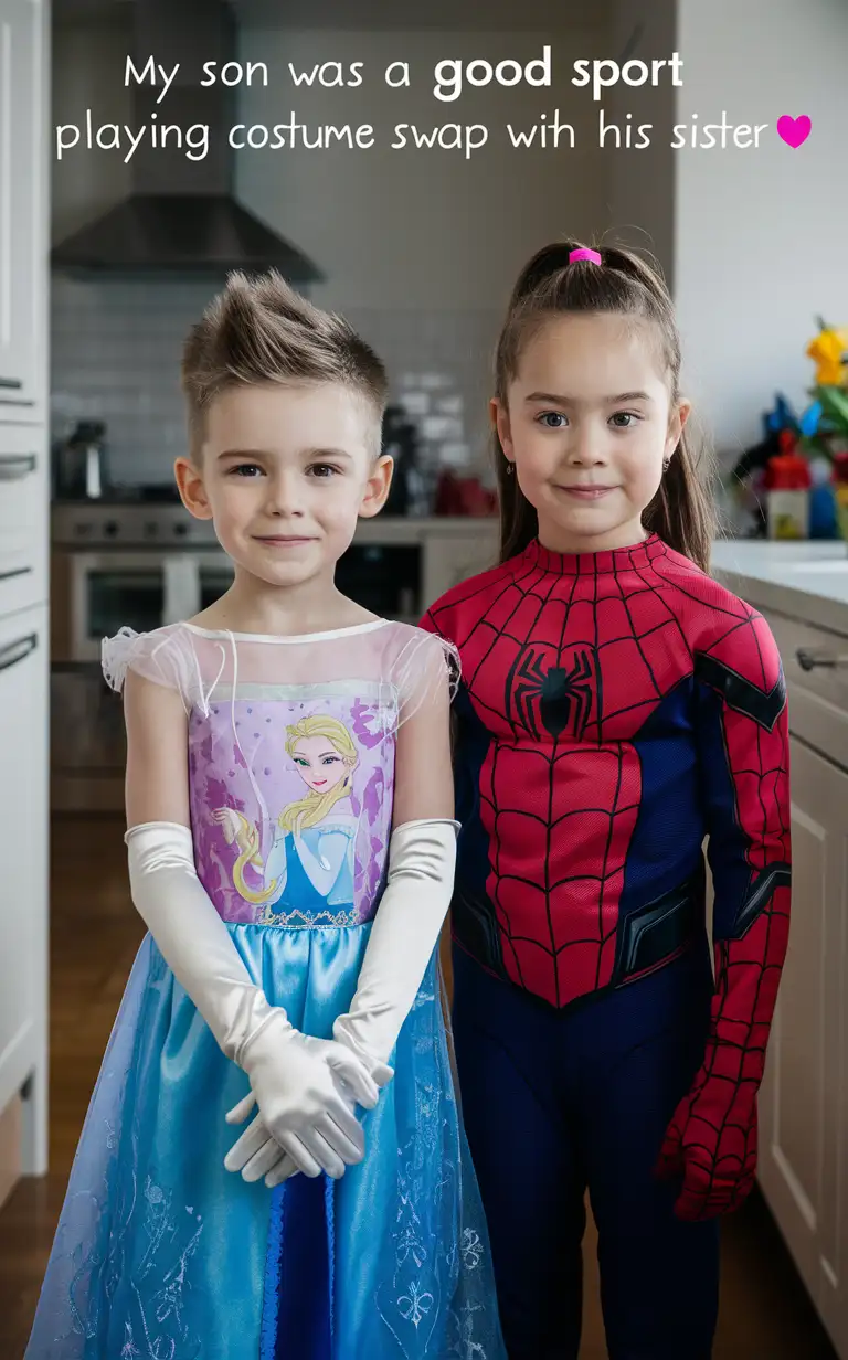 (((Gender role reversal))), colourful Photograph of two little white-skinned children, a cute 7-year-old boy with short smart spiky hair shaved on the sides, and his sister a 8-year-old girl with long hair in a ponytail, standing in their kitchen, the boy is wearing a frilly Elsa Disney Princess dress with white silky long gloves, the girl is wearing a Spider-Man superhero suit, adorable, clear faces, perfect faces, perfect eyes, perfect noses, the photograph is captioned “My son was a good sport playing costume swap with his sister 😭😭😭”