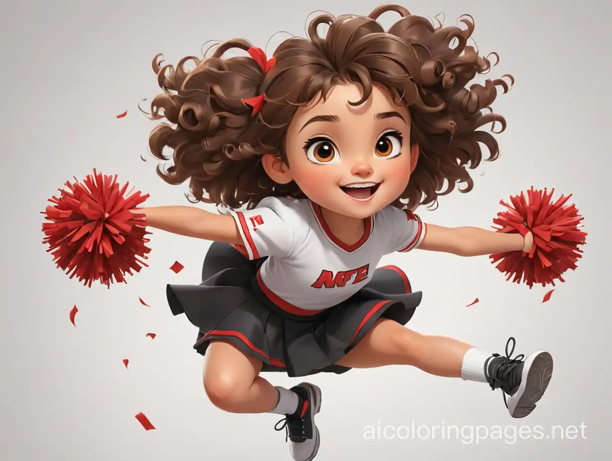 Cute happy little girl cheerleader with red and black uniform brown curly hair big brown eyes jumping  with pom poms NFL football  transparent background , Coloring Page, black and white, line art, white background, Simplicity, Ample White Space. The background of the coloring page is plain white to make it easy for young children to color within the lines. The outlines of all the subjects are easy to distinguish, making it simple for kids to color without too much difficulty