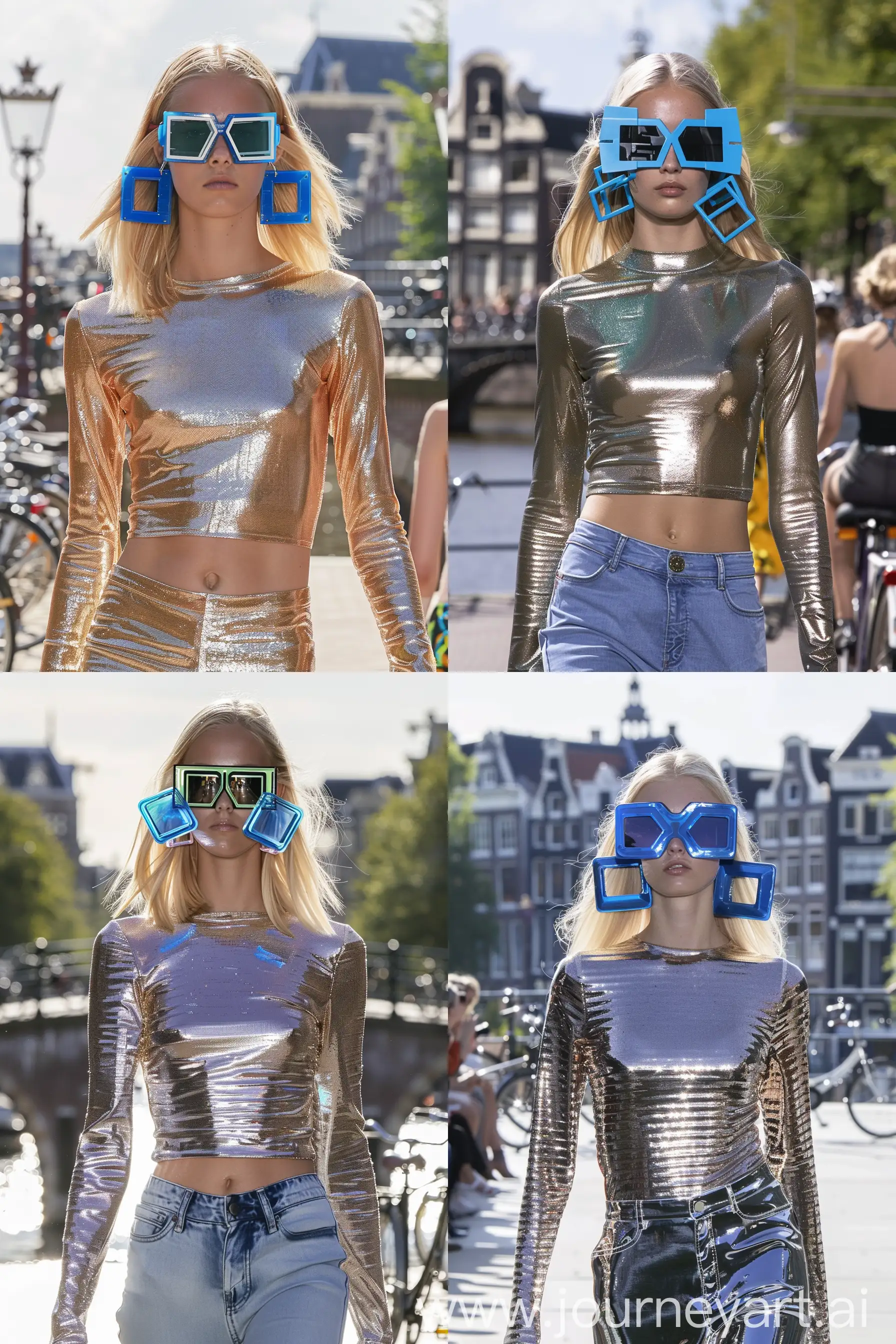 foto di modella bionda che sfila, indossa un top a maniche lunghe iridescente, immensi orecchini blu di plastica a forma di quadrato, porta occhiali da sole geometrici, è una giornata solare, lo sfondo è il ponte di Amsterdam con le biciclette --ar 2:3 --v 6.0