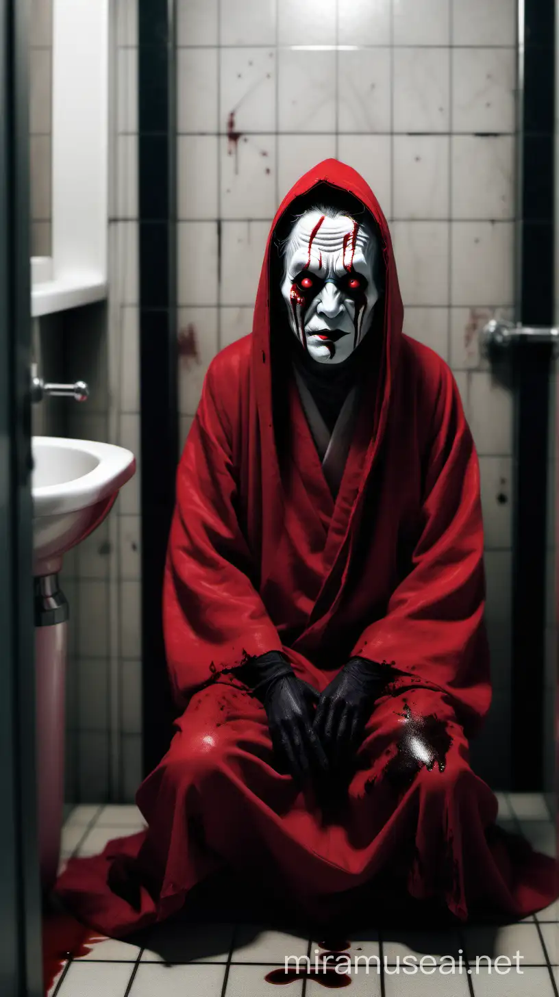 Create a realistic 4k image of the urban legend from japan aka manto, a masked spirit wearing a red cloak with scary large black eyes sitting down in a public bathroom with blood on the walls
