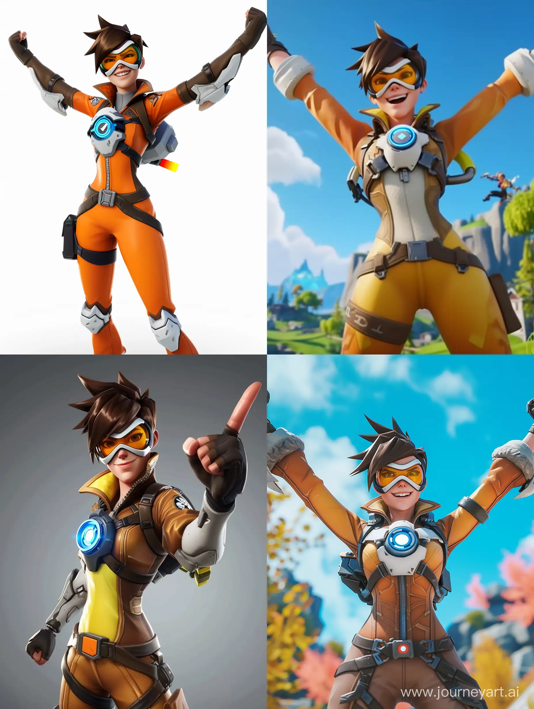 Tracer from Overwatch 1 as a Fortnite character, victory pose, joyful face