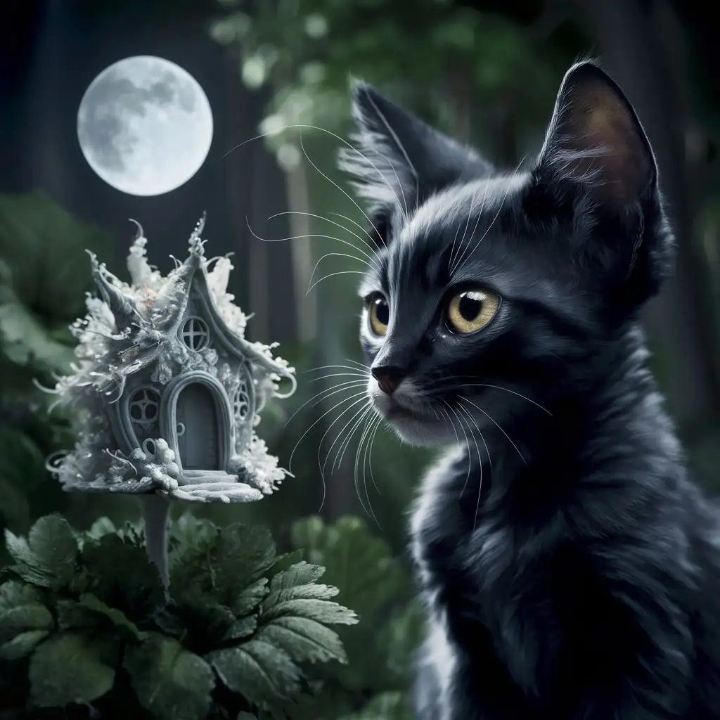 black kitten with gold eyes looking at fairy house in a forest in front of a full moon