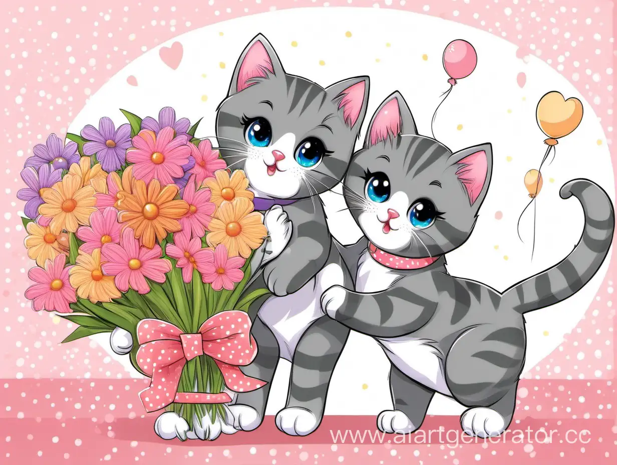 Поздравительная открытка девочке с Днем рождения, два милых игривых котёнка держат большой красивый букет цветов