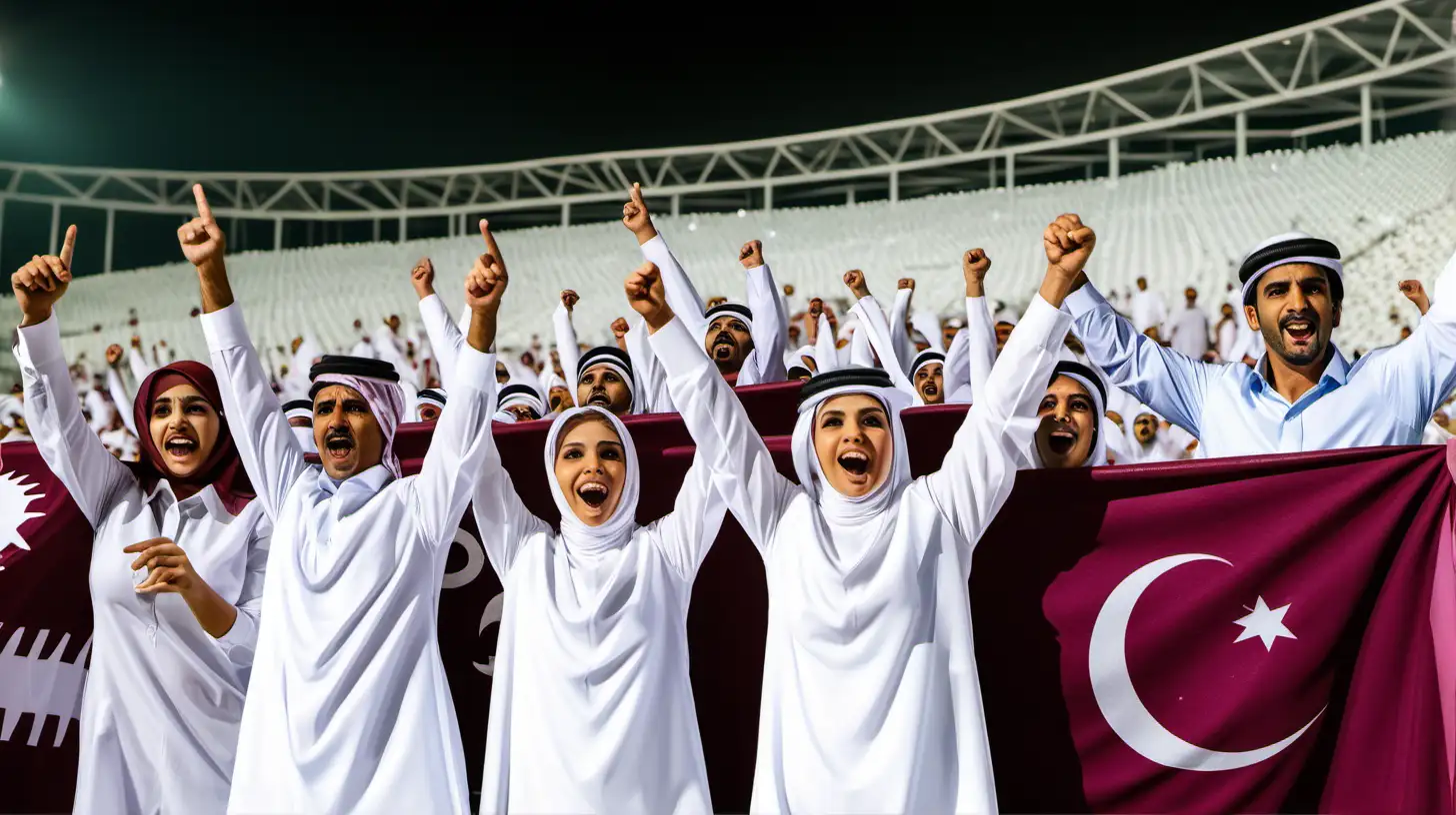 qatari family cheering in stadium setup, men in white ghutra