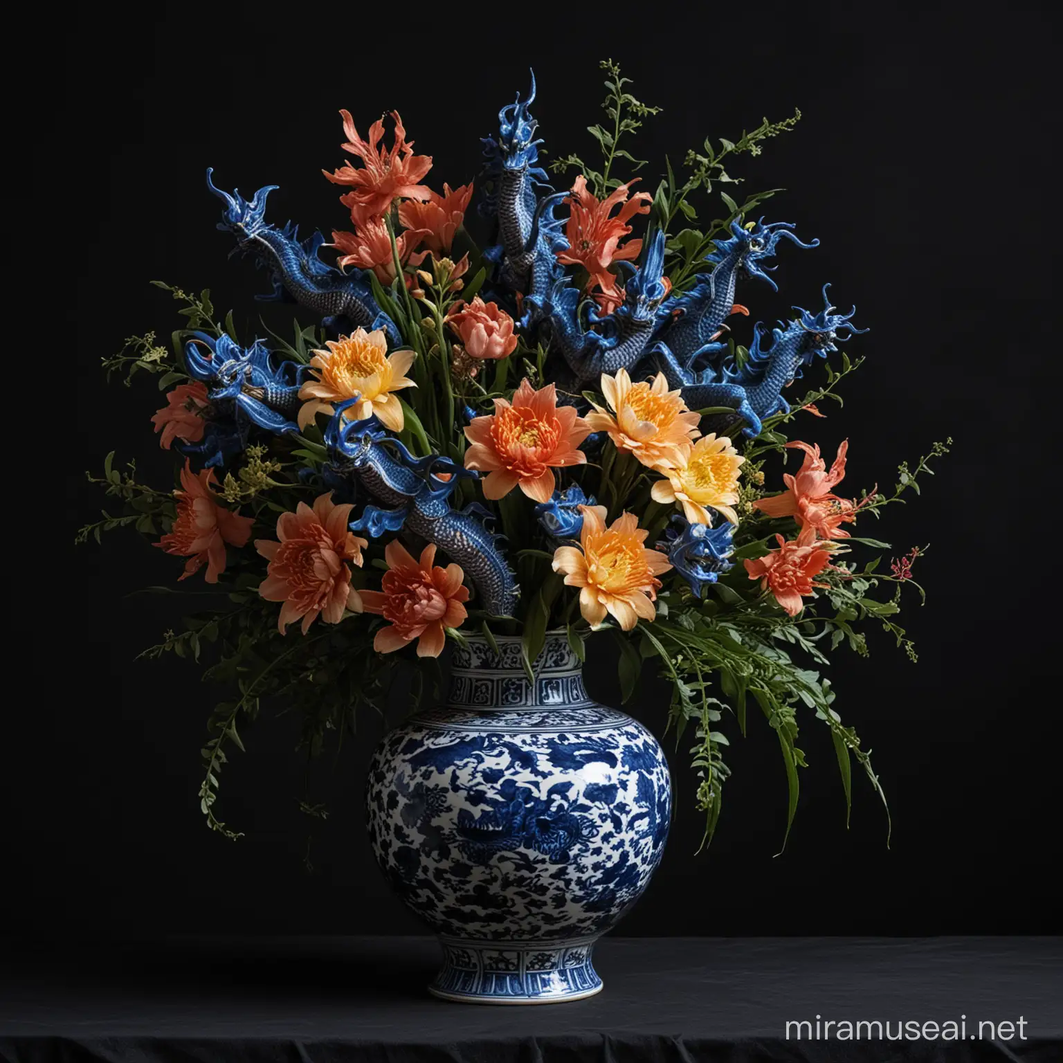 Dutch still-life bouquet in an asian ceramic vase with blue dragons against a black backdrop