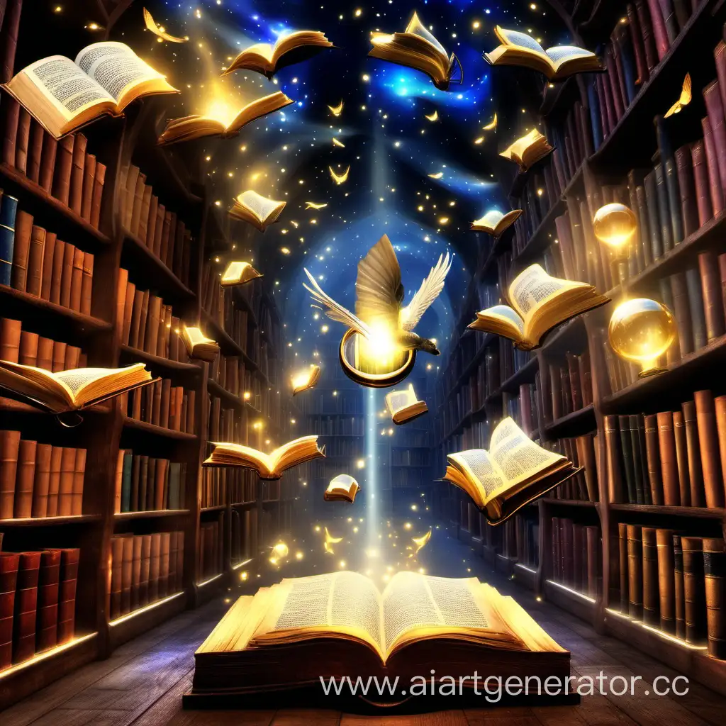 magic library, lights, magic light, flying books scrolls