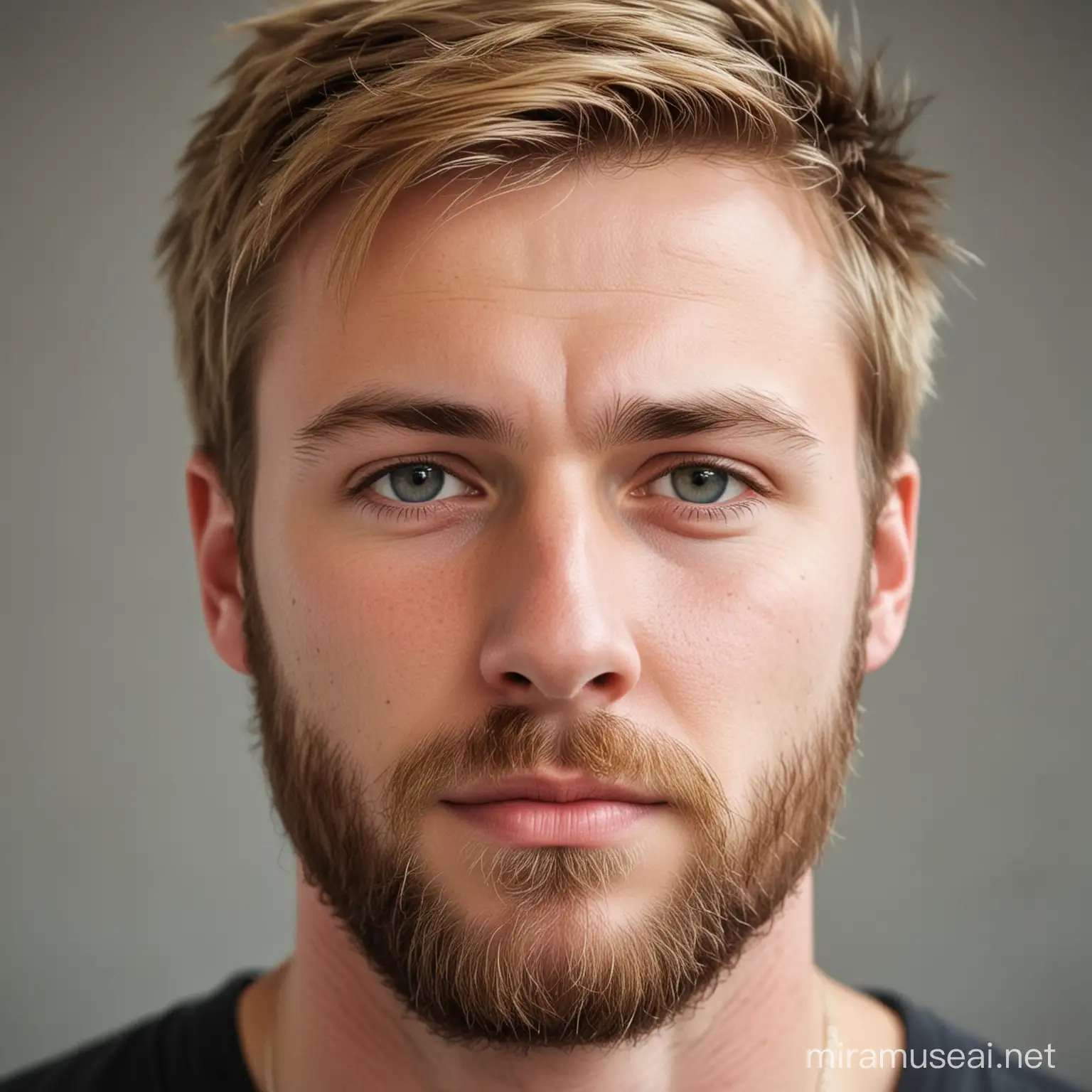 lighthaired Nordic guy mid 30 with beard and narrow nose. Average weight