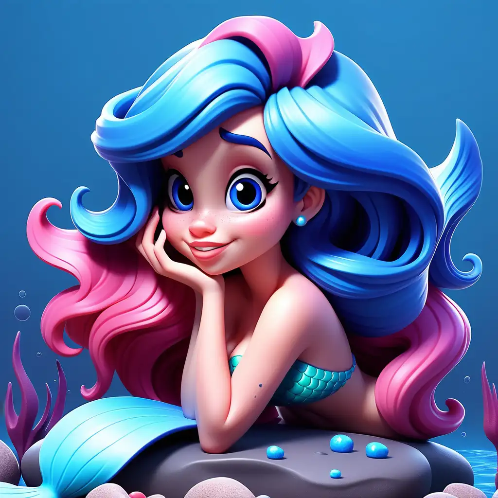 Create a 3D illustration of ( cute little mermaid, blue hair, blue tail, dark pink tail edge) animated character laying down on top of a social media logo “(Skynse)  “. Signing in rock hand. The character holding a body lotion. The background of the image is a social media profile page with a user name “ (Skynse)”and a profile picture that match.