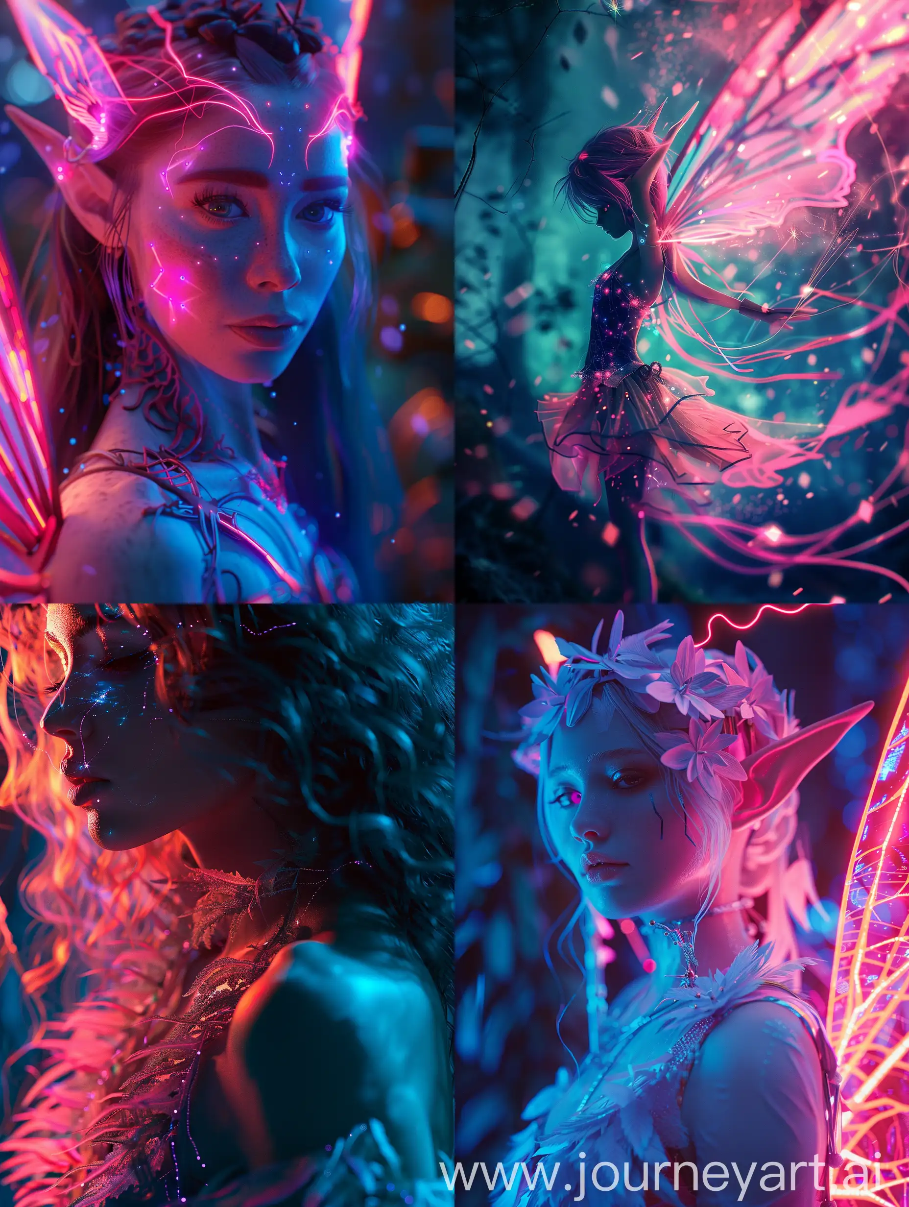 Elf, beautiful, darkness, close up potrait, half body, realistic, high detailed, with subtle pink and blue gradients, robotic lasers fairy dancing rave in an neon incandescent flame, Moonlight enveloping attire forest.