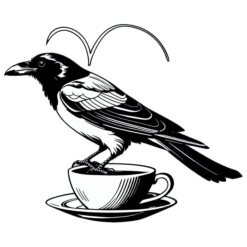 simple black and white line art drawing of a raven perched on the edge of a coffee cup, looking forward at the camera