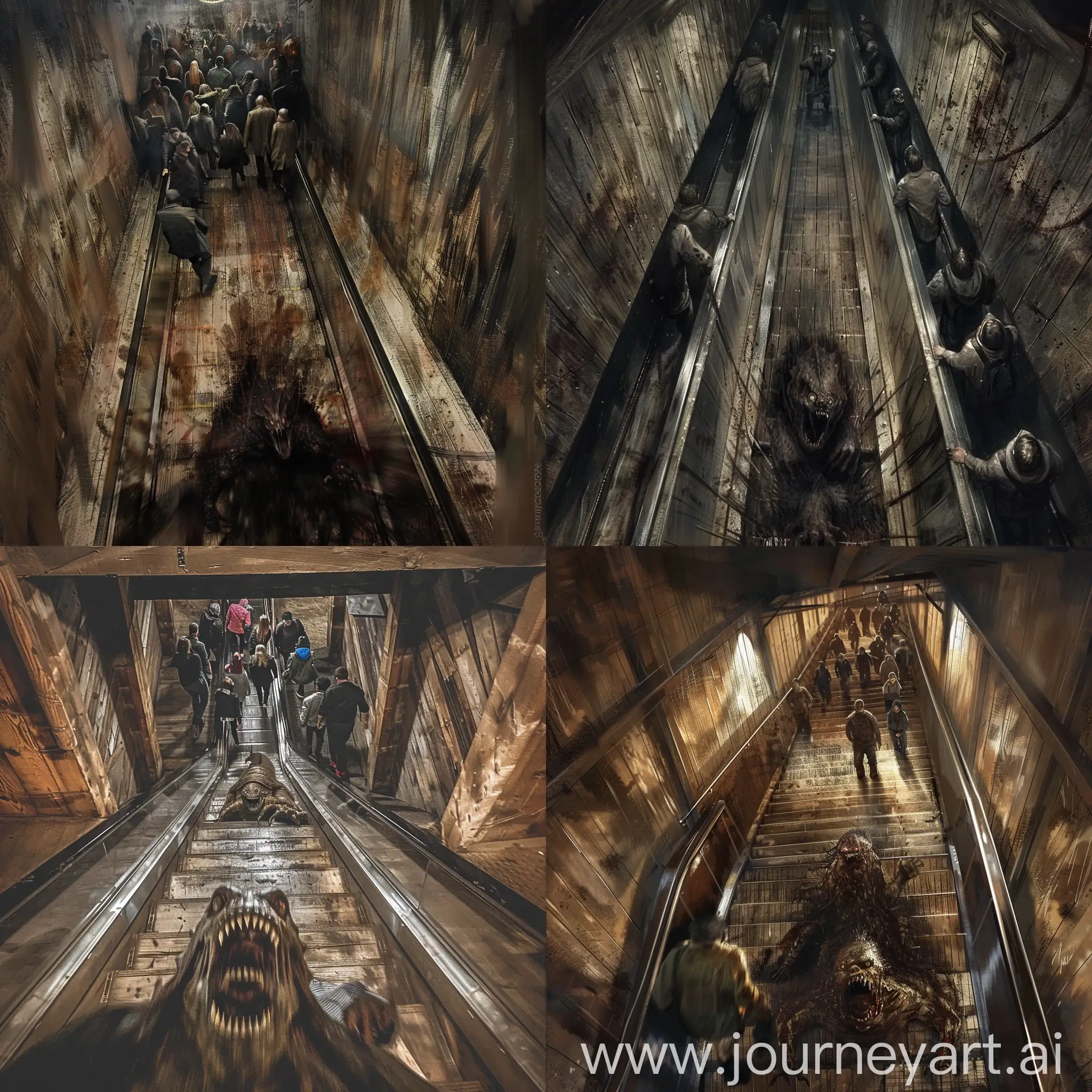 Wooden-Subway-Escalator-with-Frightened-Commuters-and-Gothic-Monster