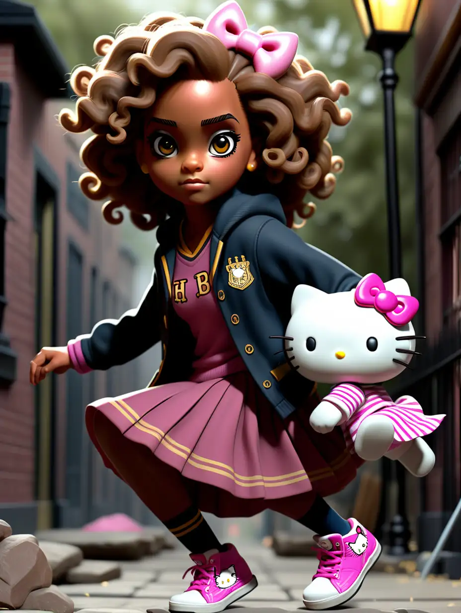 using the previous Hermione Granger create an African American Hermione Granger take bold leaps while with her pal Hello Kitty