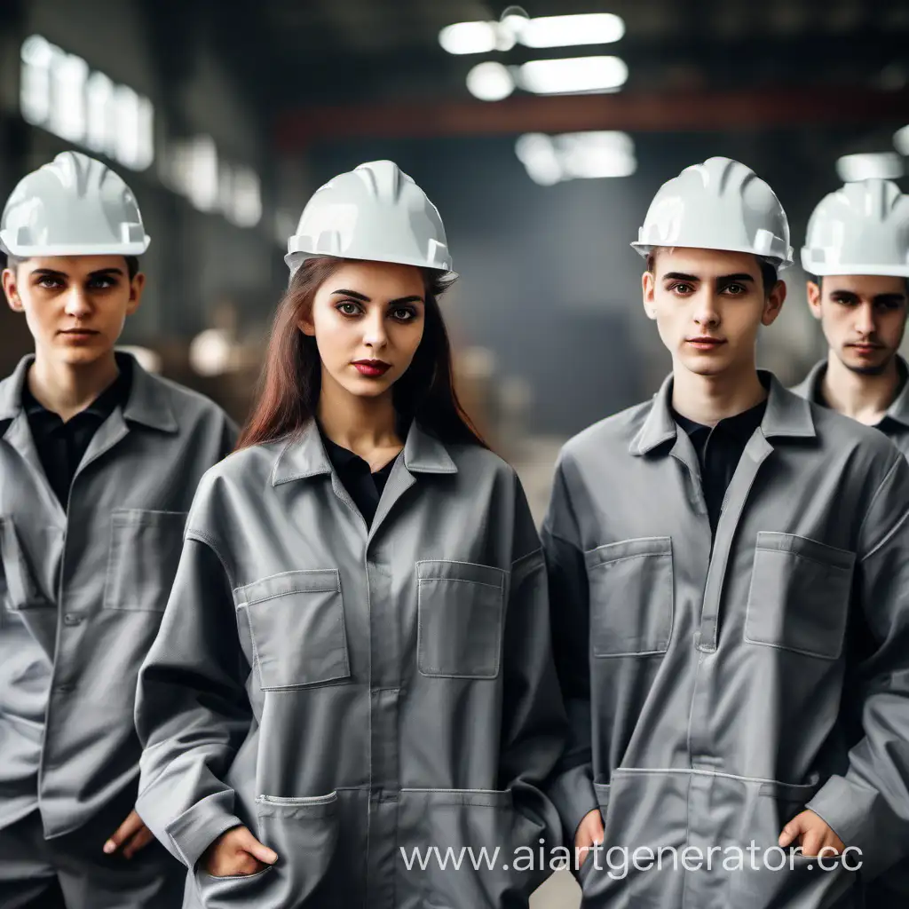 Молодые люди идут работать на завод, в рабочей форме серого цвета, без касок
