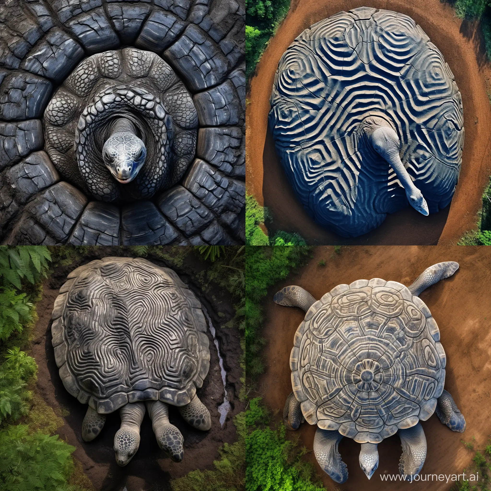 a photo from above of a giant tortoise where its shell looks like a fingerpint