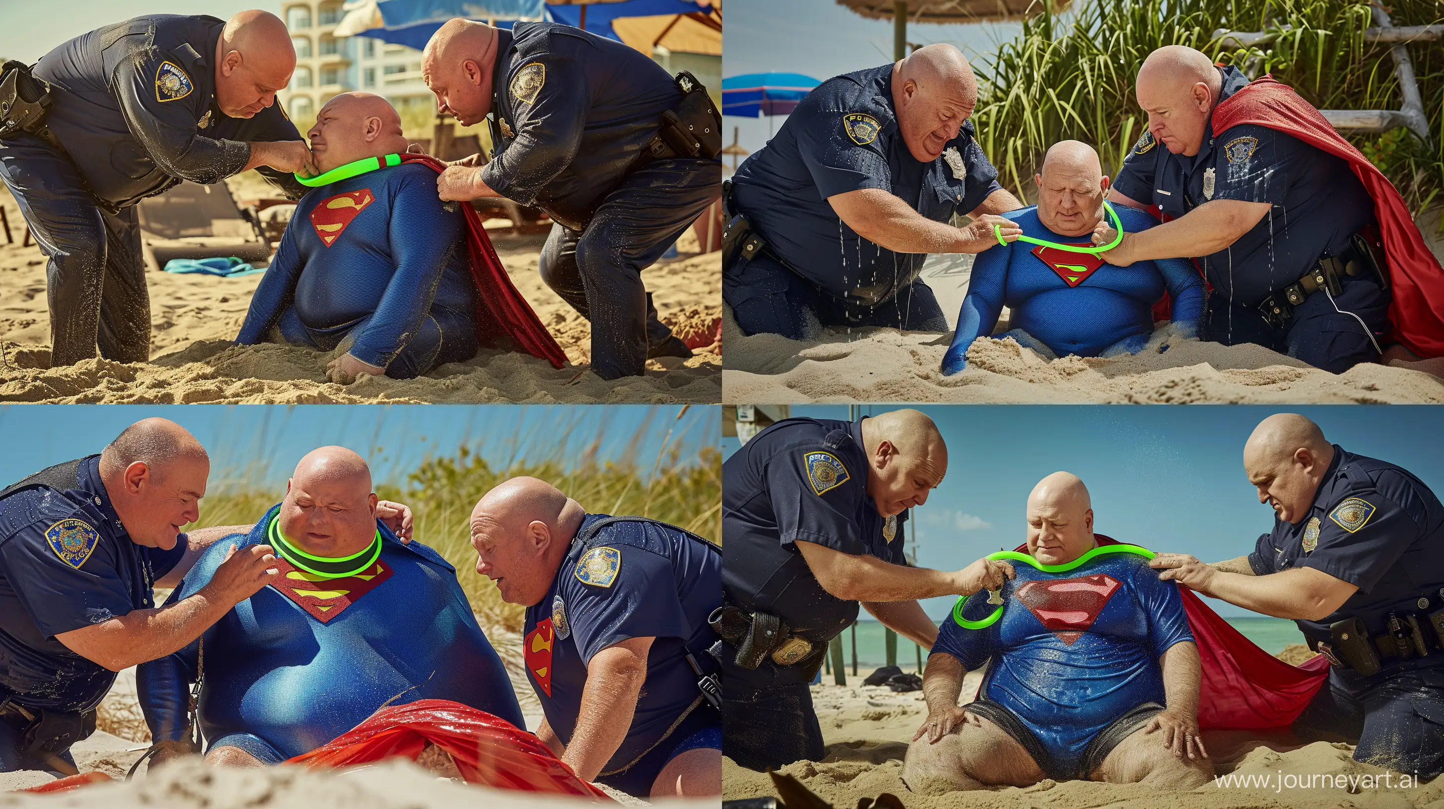 Zoomed in photo of two chubby man aged 60 wearing a wet navy police uniforms, bending and tightening a wide green neon short dog collar around the neck of another chubby man aged 60 sitting in sand and wearing a tight blue silky soft superman costume with a large red cape. Beach. Bald. Clean Shaven. --style raw --ar 16:9 --v 6
