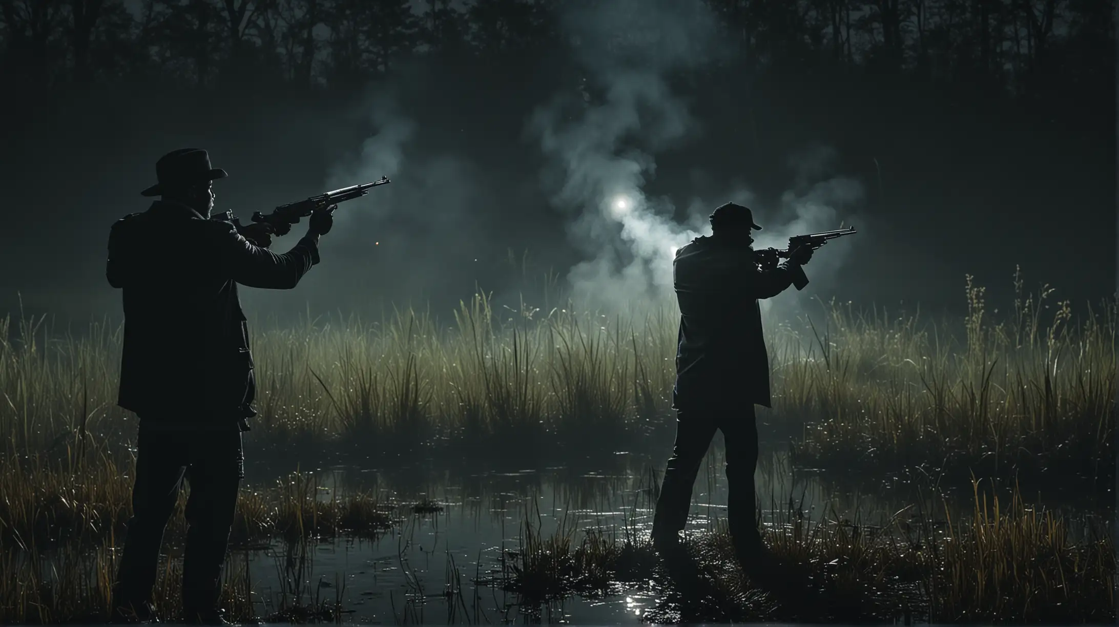 Generate the image of 2 black men shooting guns into a swamp at night.