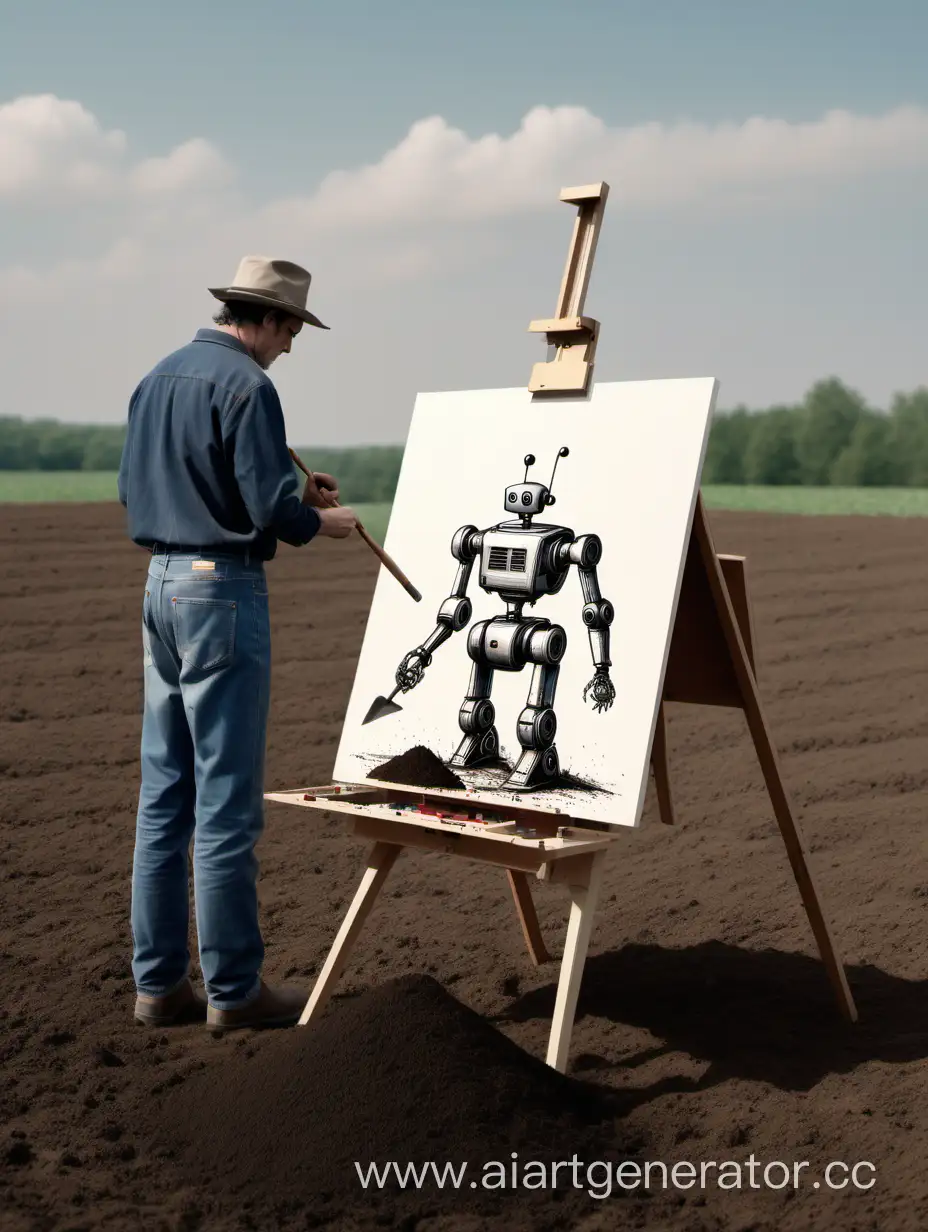 Художник рисует на своём мольберте. Робот в далеке покает киркой землю.