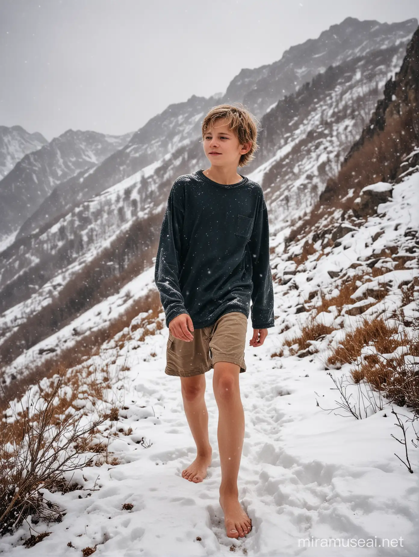 Adventurous Teenage Boy Walking Barefoot Through Snowy Mountains