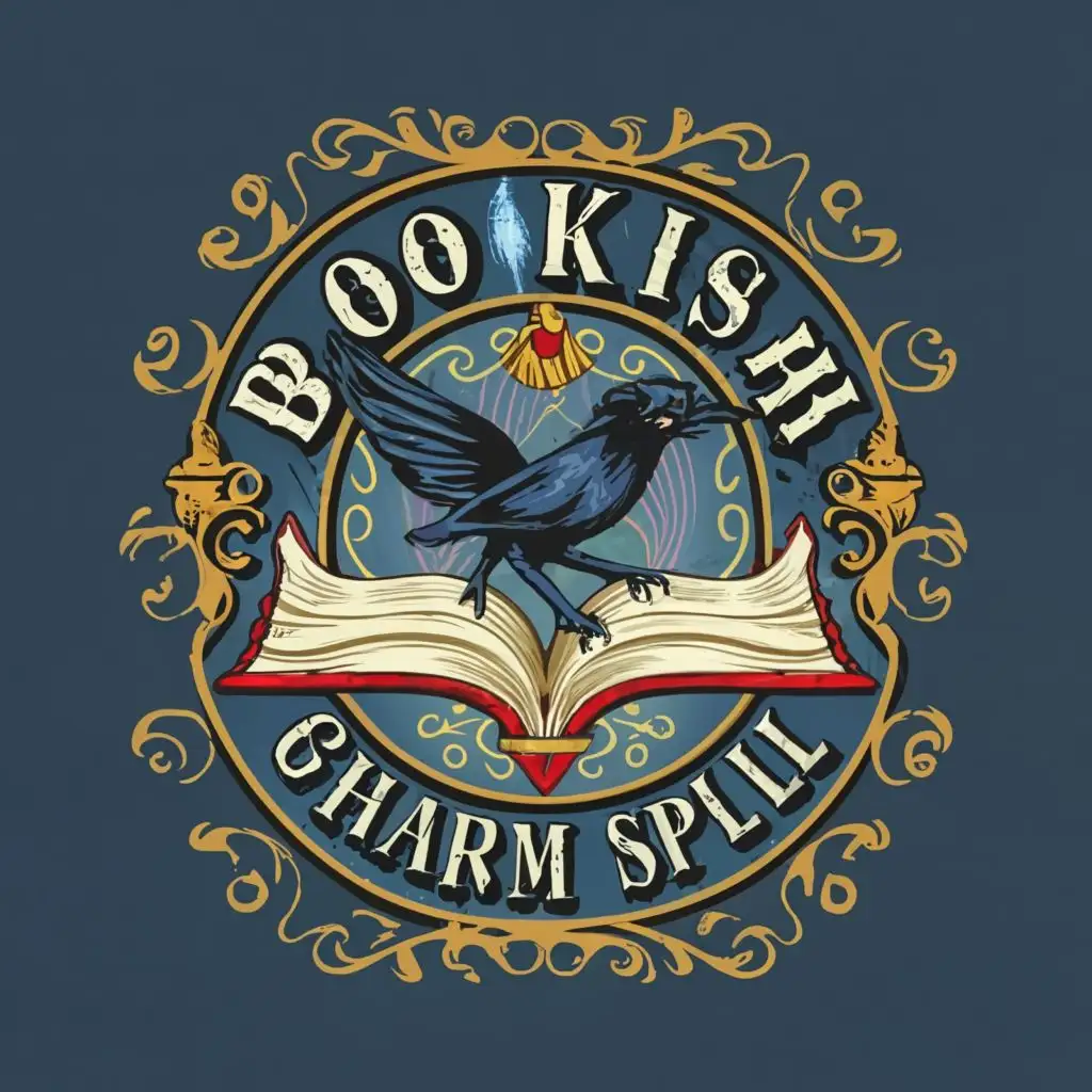 logo, Main symbol of your logo, a book and a raven etc., evoke the Victorian era with a blue background,, with the text "Bookish Charm Spell", typography, be used in Internet industry