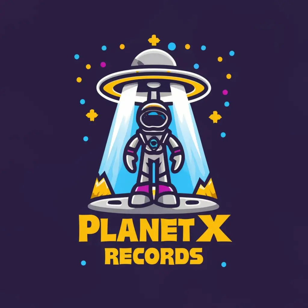 a logo design,with the text "Planet X Records", main symbol:A moon man wearing a spacesuit with a moon man as the logo on the chest. Standing on top of a ufo. ,complex,clear background