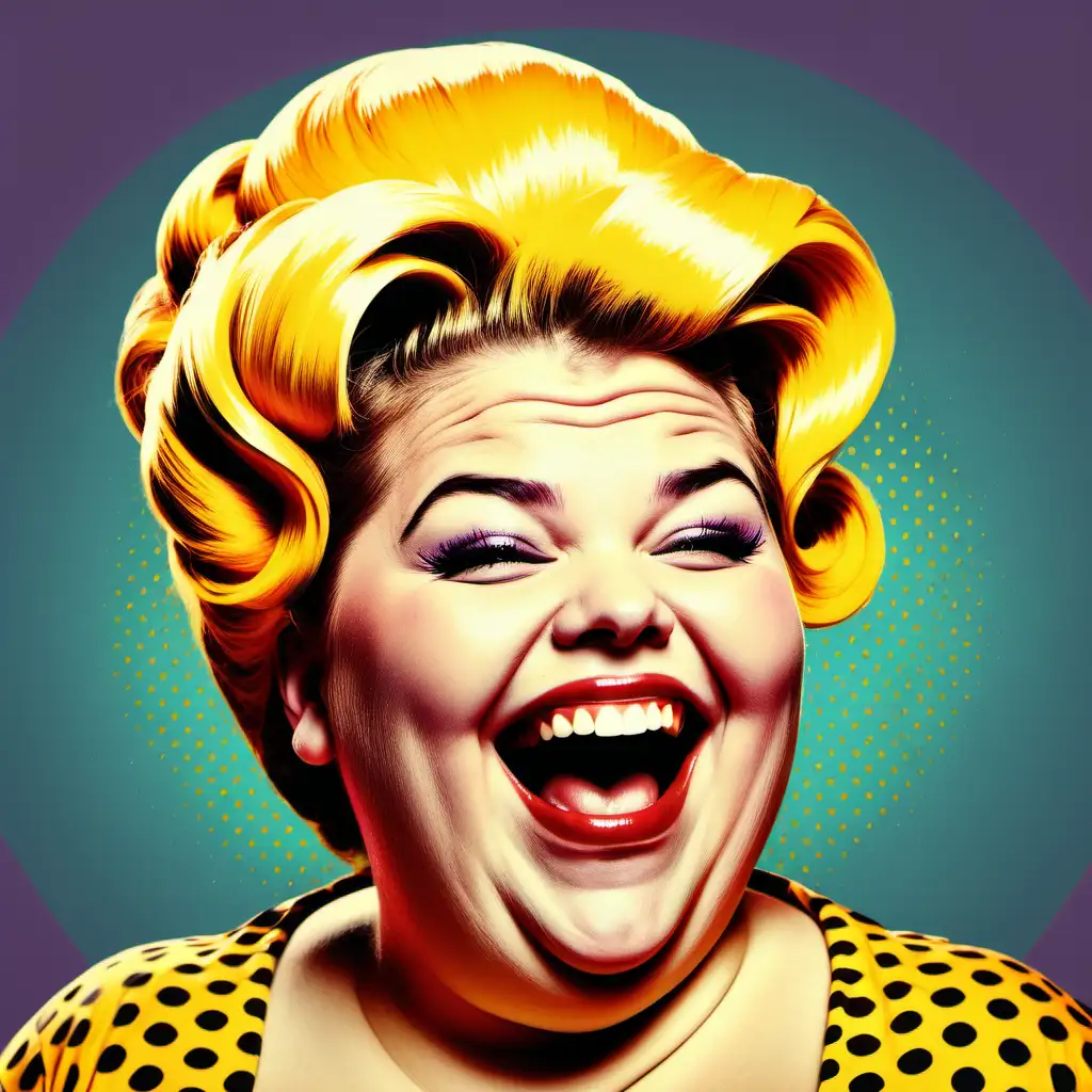 pop art style heavier woman laughing with beehive hairstyle
