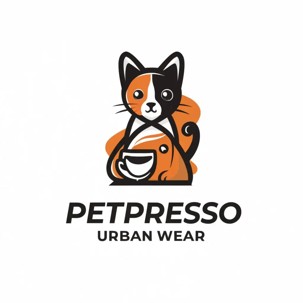 a logo design,with the text "PETPRESSO URBAN WEAR", main symbol:Use a minimalist design with a cat or dog silhouette wearing a Japanese kimono and holding a coffee cup.,Minimalistic,be used in Retail industry,clear background