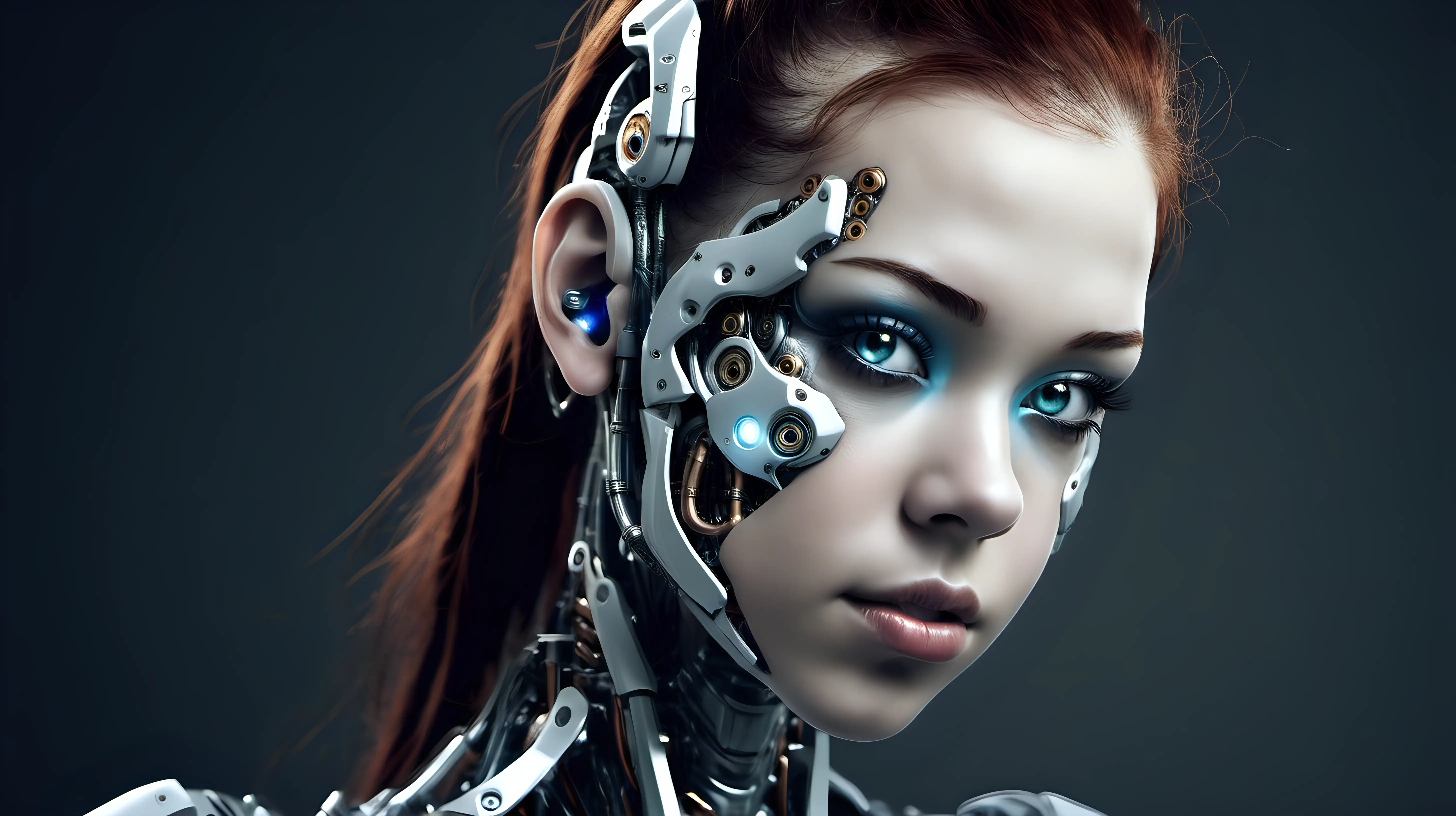 Cyborg woman, 18 years old. She has a cyborg face, but she is extremely beautiful.  