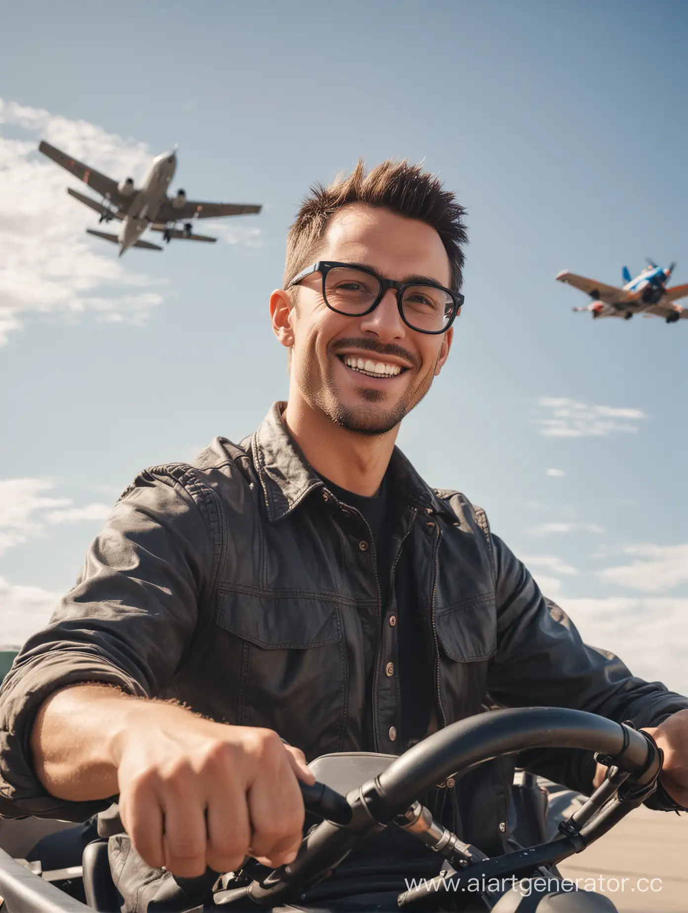 Man-with-Stubble-and-Glasses-Enjoying-GoKart-Ride-under-Airplane-Flyover