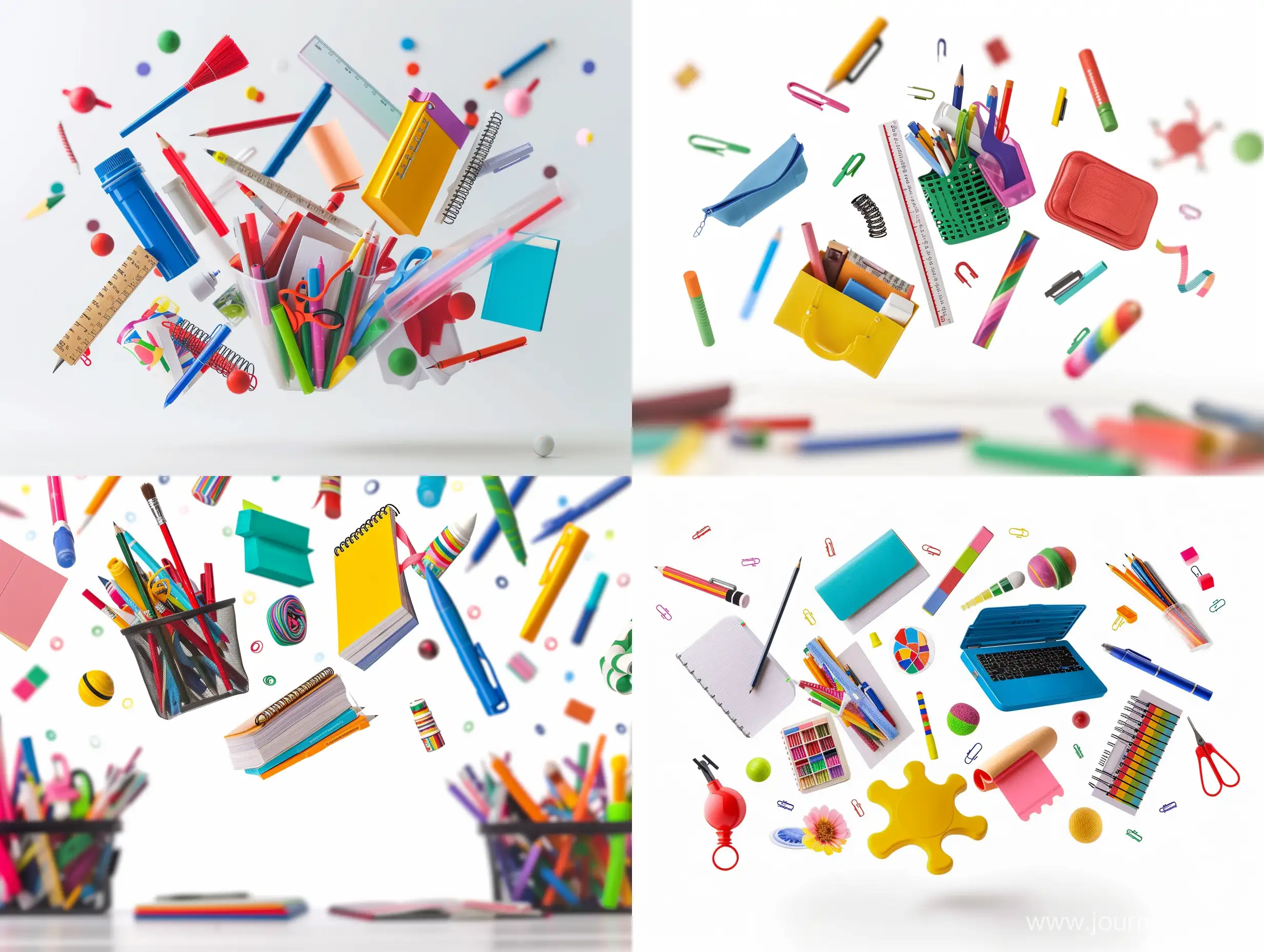 Floating-School-Supplies-in-Air-on-White-Background