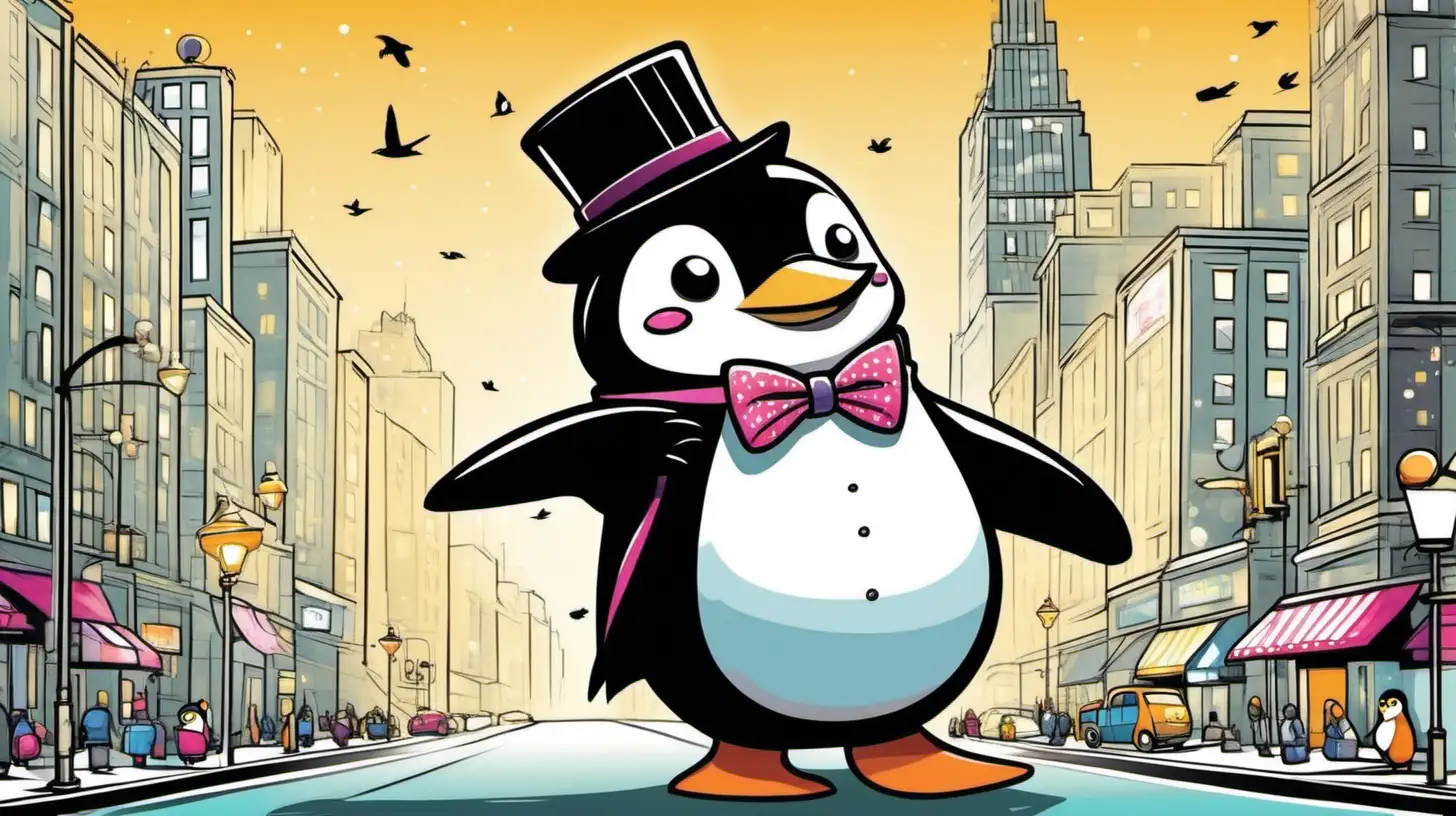 In a bustling city street inspired by Jerrod Maruyama's whimsical style, a cute penguin dressed in a dapper tuxedo strolls along the sidewalk, radiating joy and excitement. With big, round eyes sparkling with curiosity, the penguin takes in the sights of the vibrant cityscape, its small button-like nose twitching with anticipation. A cheerful grin lights up its face as it enjoys its urban adventure, its smooth and sleek feathers neatly groomed and complemented by a chic bowtie. Petite and chubby, the penguin exudes charm and cuteness, its plump belly indicating a love for good food and city explorations. Dressed in a classic black and white tuxedo with a pop of color from the vibrant bowtie, the penguin's chic style adds a touch of sophistication to its ensemble. Surrounded by bright lights and colorful billboards, the penguin's cheerful demeanor adds to the vibrant energy of the city, as neon lights and street lamps cast a warm glow over the scene. The wide-screen aspect ratio captures the bustling city street and the adorable penguin's urban adventure in all its vibrant glory, inviting viewers to join in the joyful exploration of the cityscape.
