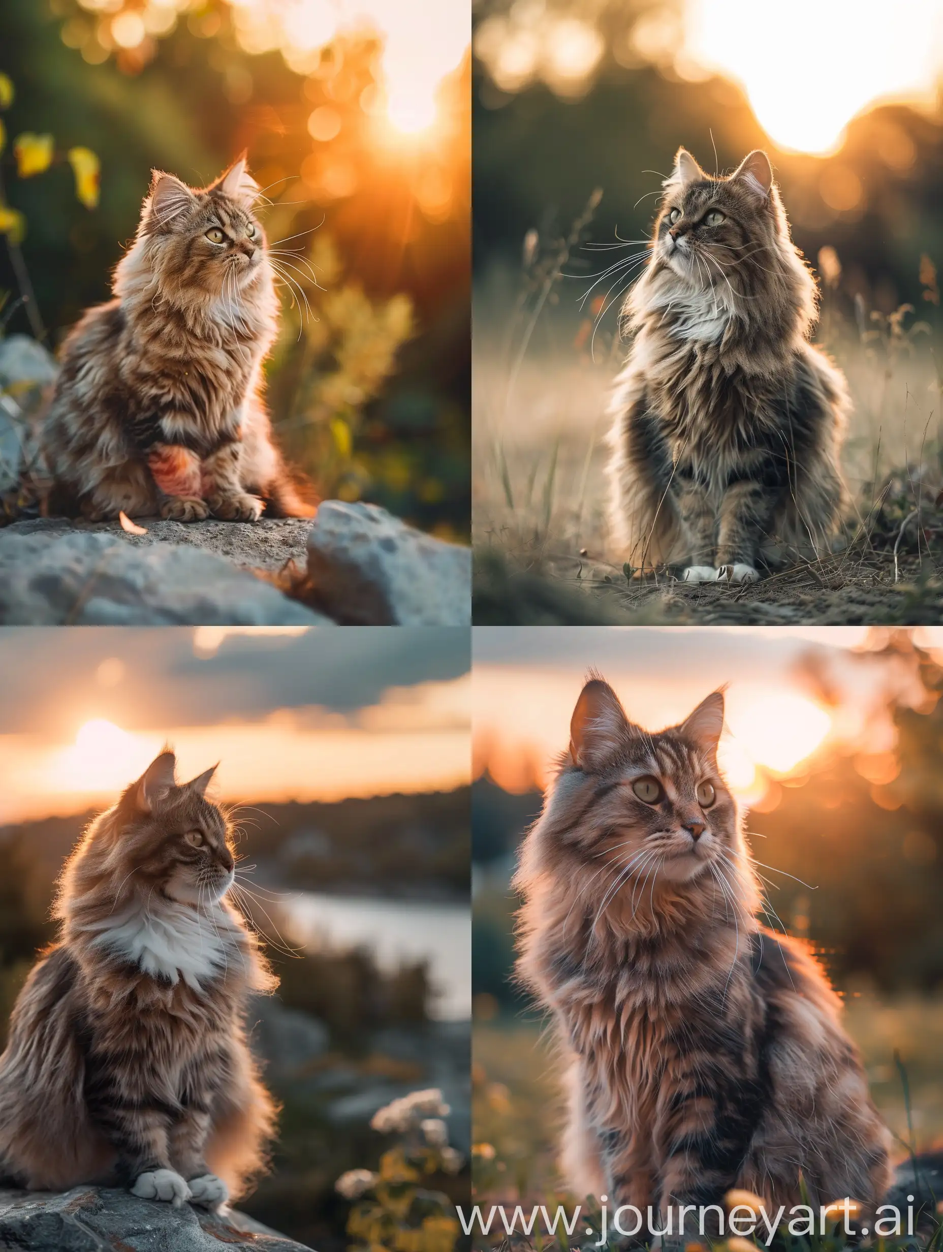 photo of a fluffy cat, beautiful nature in the background, sunset, golden hour, beautiful light, cinematic lighting, high quality