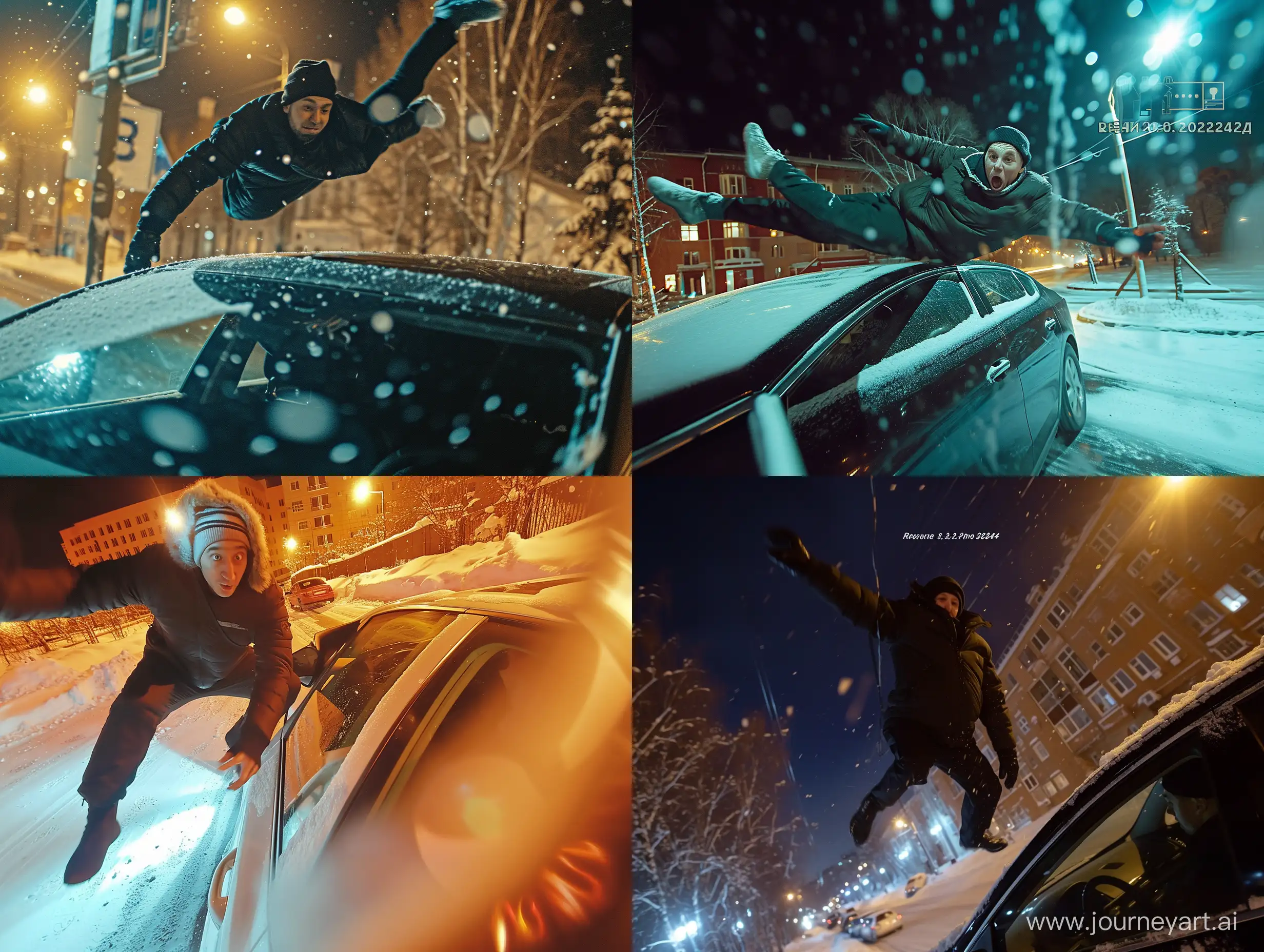 Man from the car made a somersault, winter weather in Russia at night, view from the window, surveillance photo, dynamic photo, video recording from video surveillance camera, fuzzy filter, video recording from video surveillance camera, on top the inscription "Recording 03.02.2024"