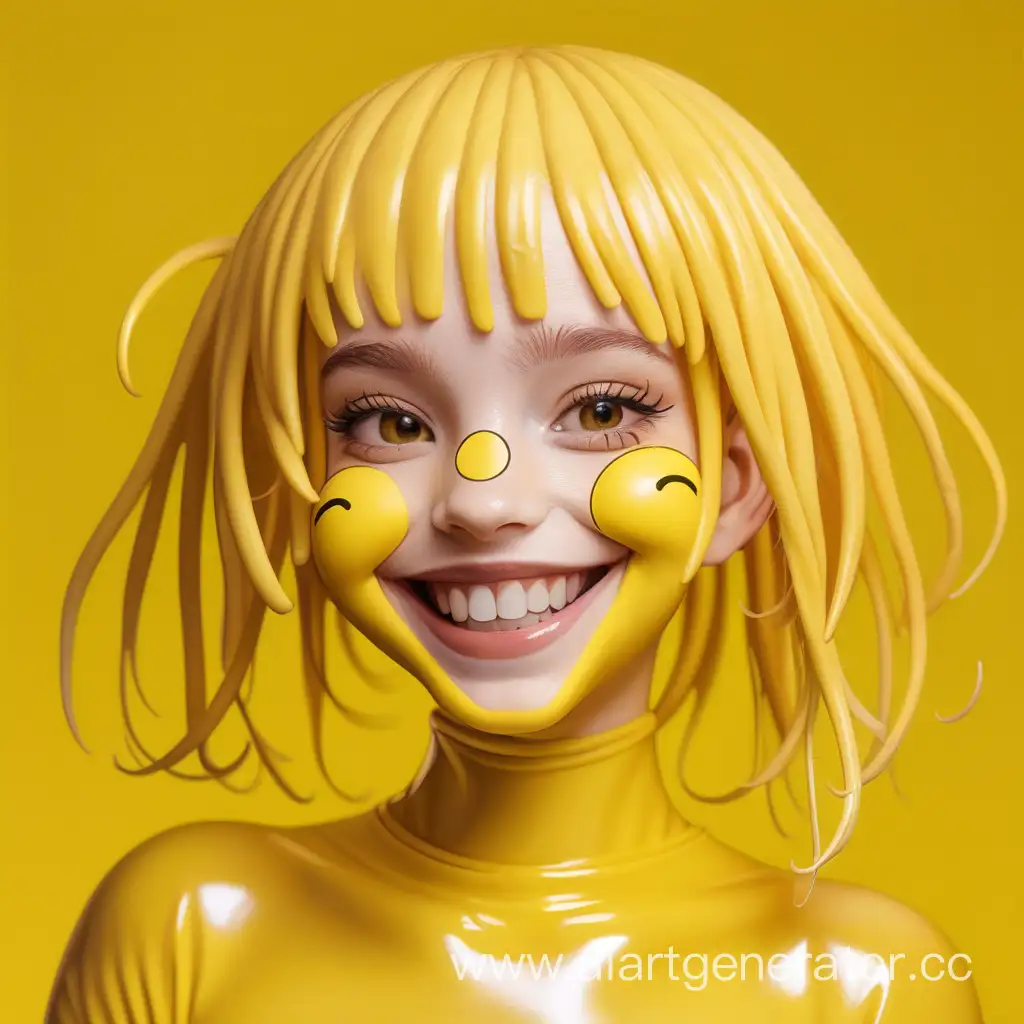 
Хуманизация смайлика в Латексную девушку с желтой латексной кожей с желтой резиновой прической и желтым резиновым лицом Изображение сделать в милой стилистике