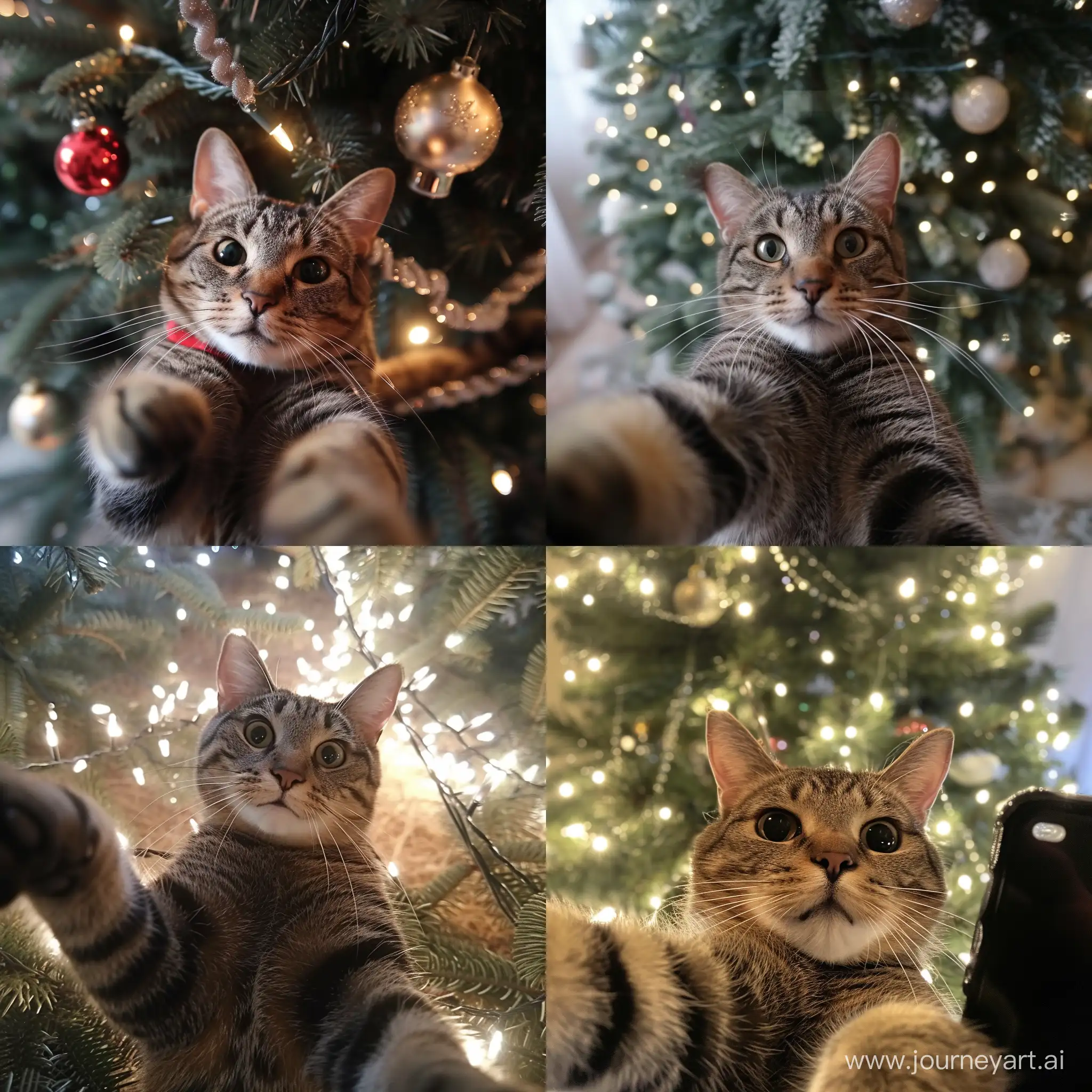 кот делает селфи на фоне новогодней елки