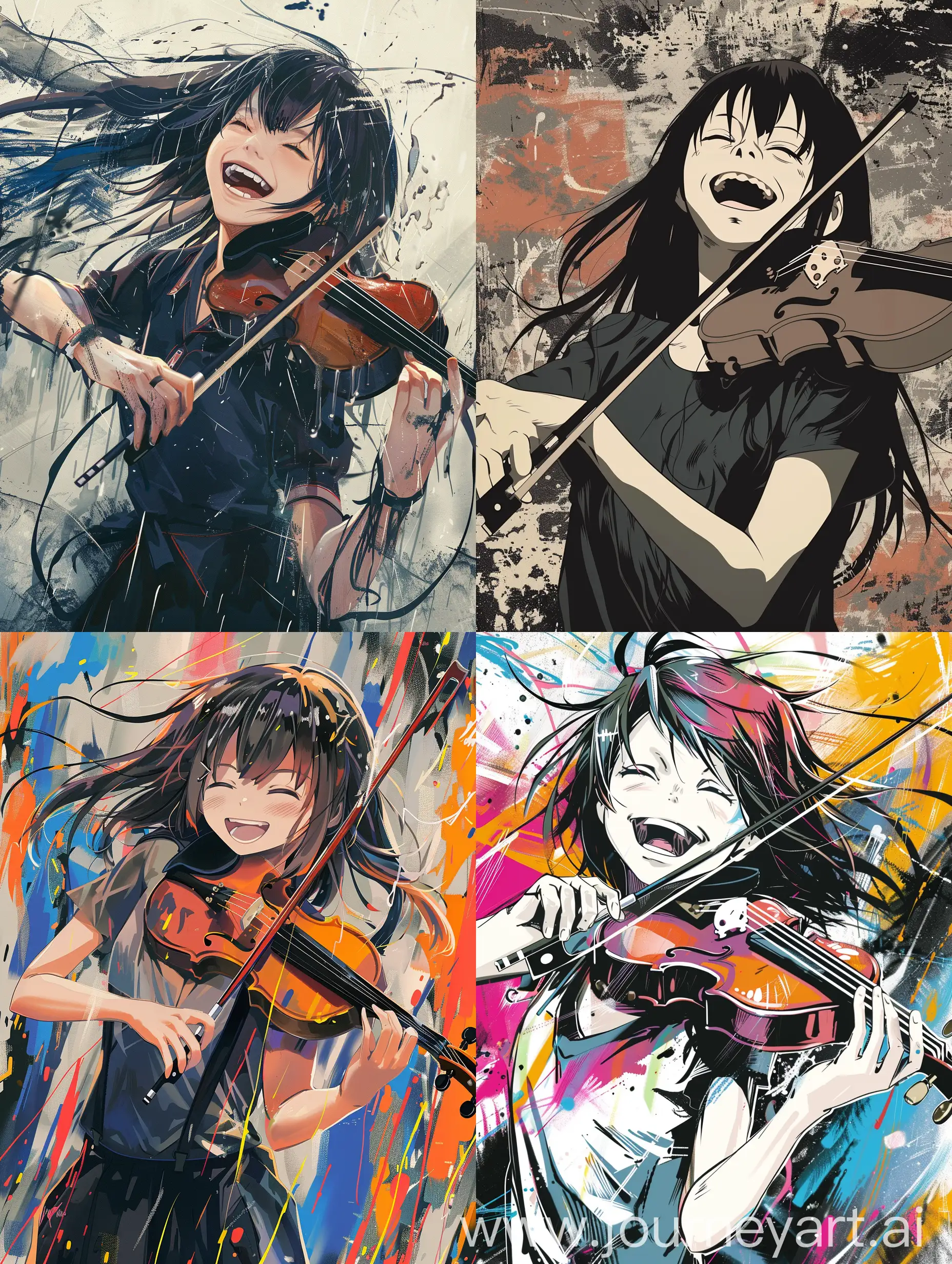 anime emo girl laughing, playing violin, with abstract background, strong lines