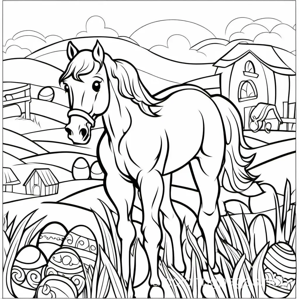 Horse Easter Theme, Coloring Page, black and white, line art, white background, Simplicity, Ample White Space. The background of the coloring page is plain white to make it easy for young children to color within the lines. The outlines of all the subjects are easy to distinguish, making it simple for kids to color without too much difficulty