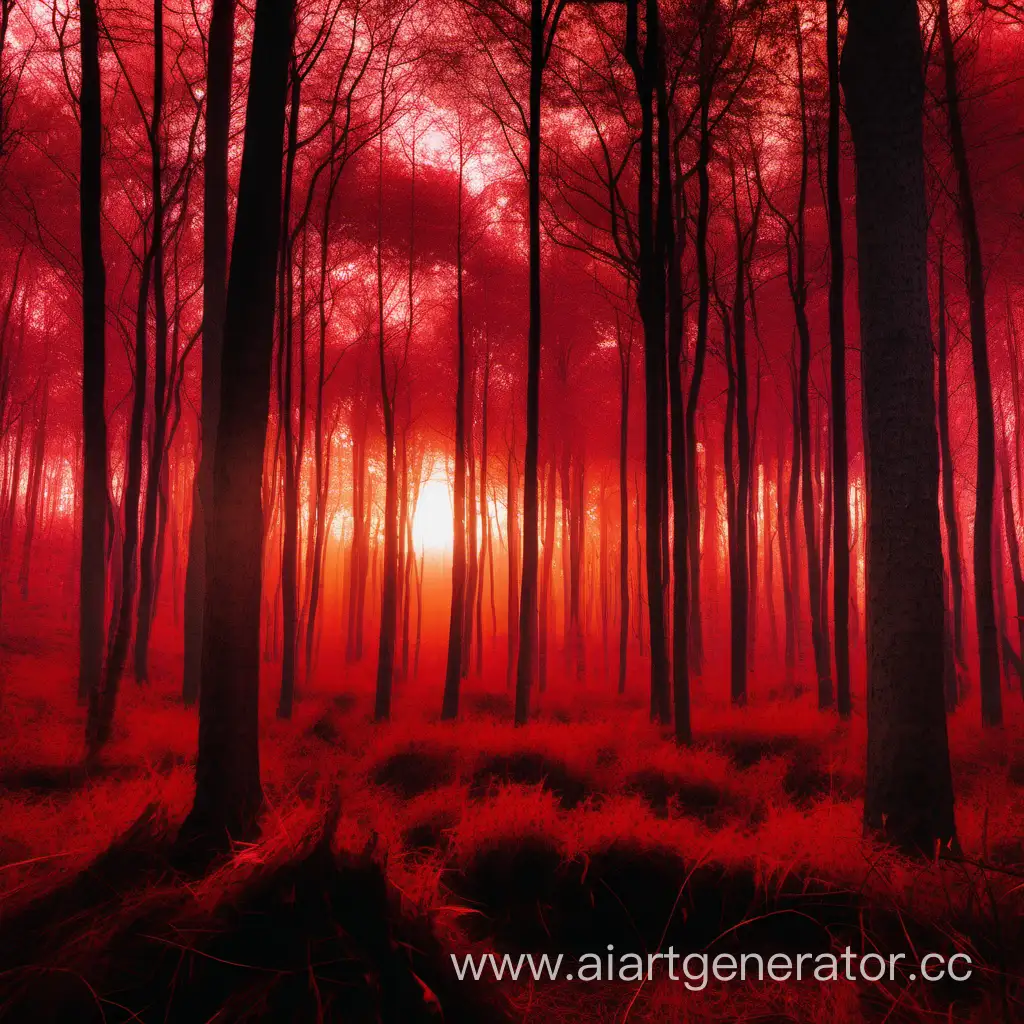 Красная лесная поляна при закатном солнце