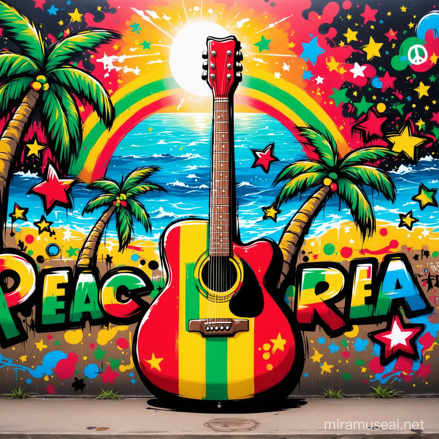 guitar painted in Rasta colors, peace sign, stars, graffiti, ocean, palm trees