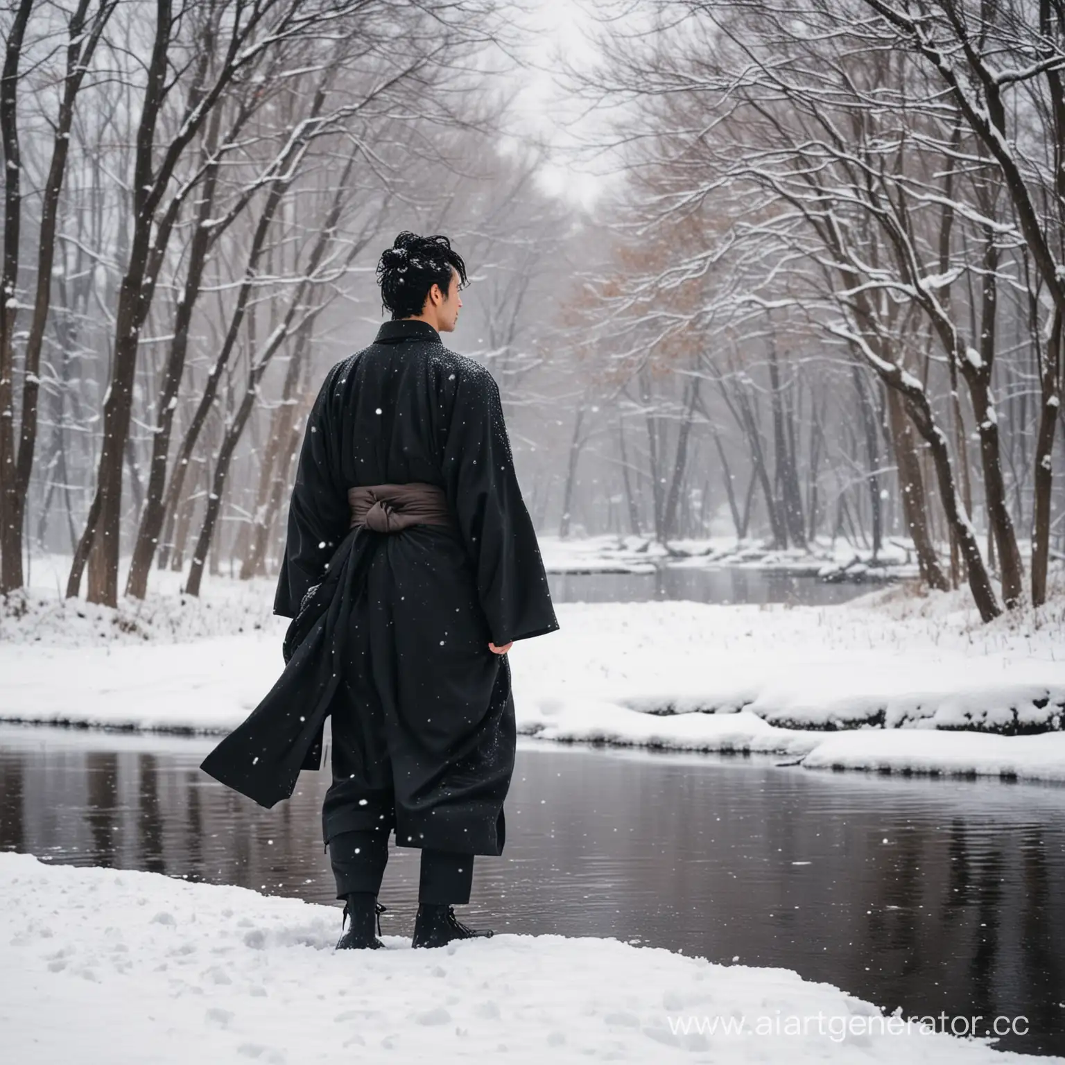 Парень шёл по снегу, он был одет очень легко для морозов. Низ чёрного хакамы был мокрый от снега, уваги колыхалось на ветру, чёрные кудри падали на его плечи