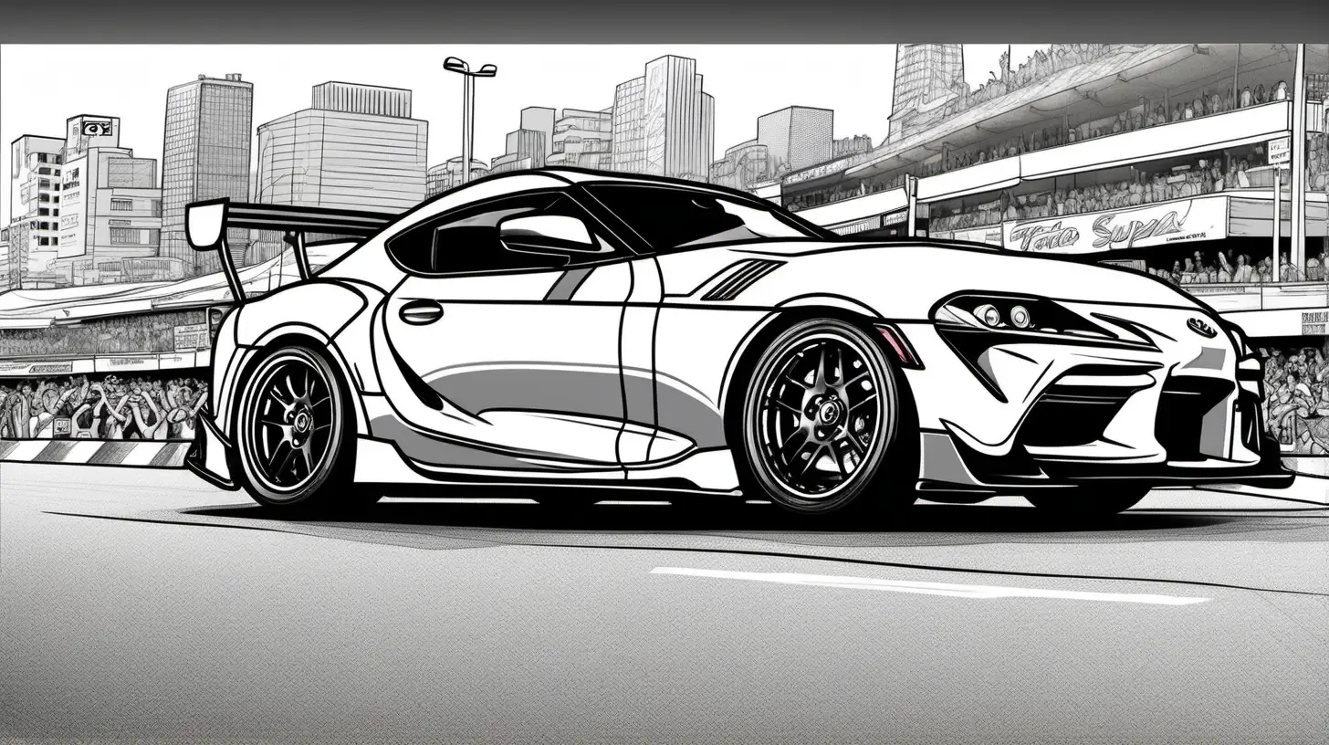 a toyota supra ,drifting at a car meet, colouring page style.