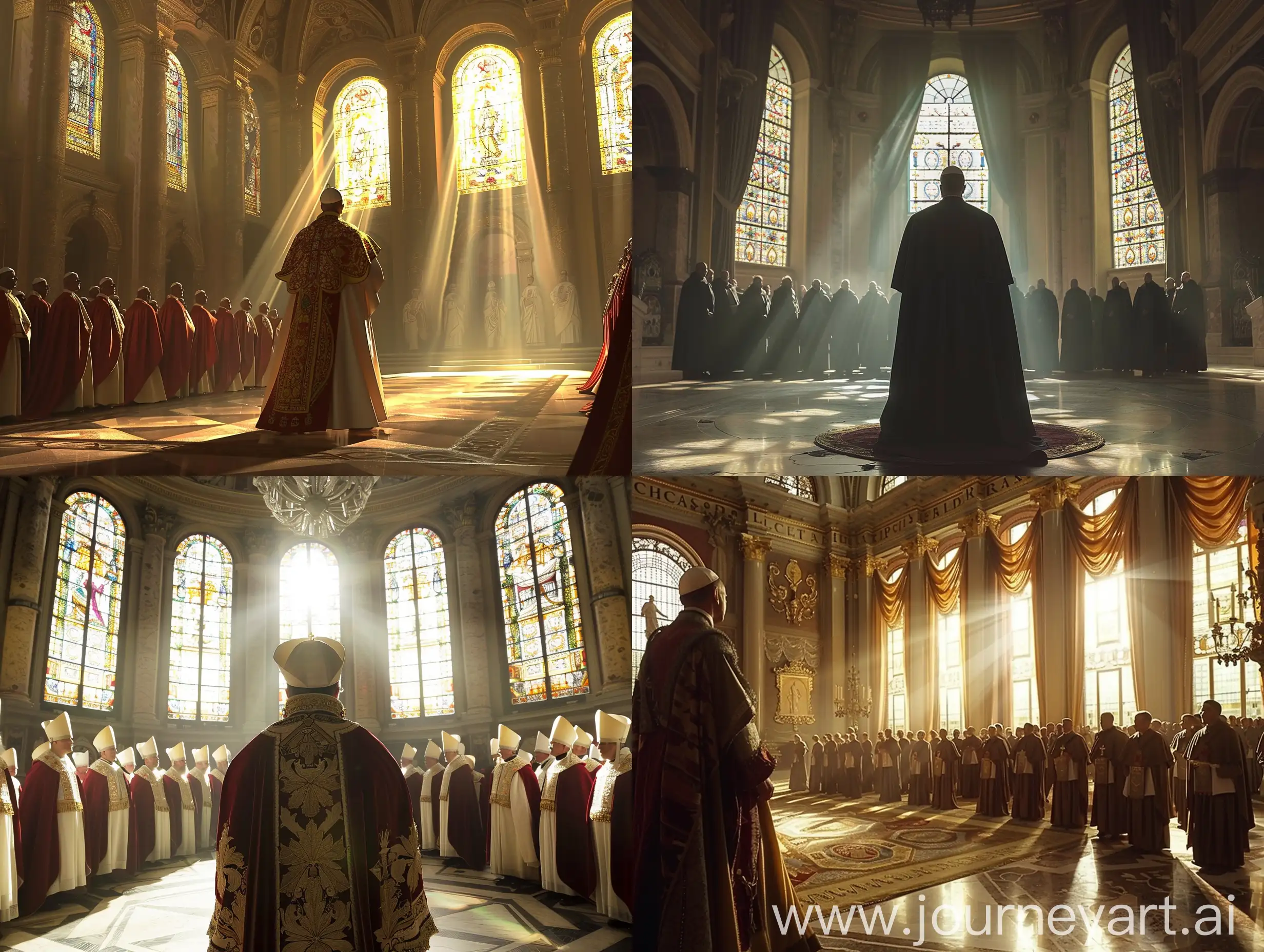 Morning-Sunlight-Through-Vaticans-Stained-Glass-Pope-Clement-V-and-College-of-Cardinals