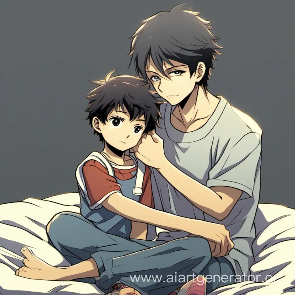 парень успокаивает своего младшего брата в аниме стили