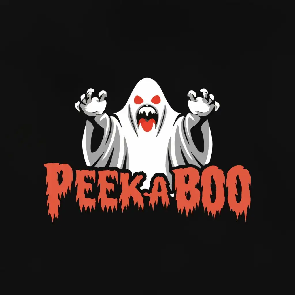 a logo design,with the text "PEEK-A-BOO
Caerleon
", main symbol:Evil white ghost with red eyes and mouth. Scary with hands above head.
Text "PEEK-A-BOO" above logo. "Caerleon" small underneath logo,complex,clear background