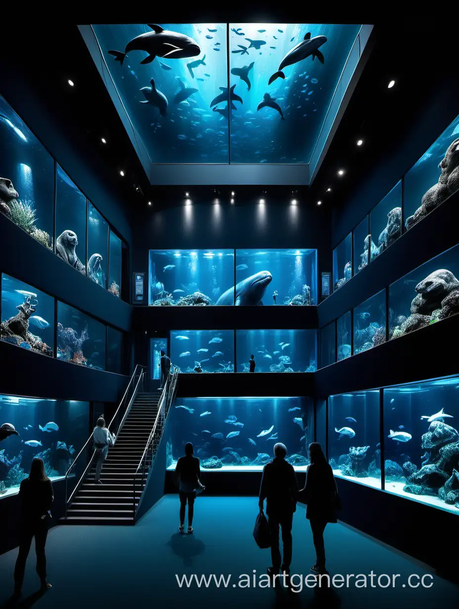 Нарисуй здание океанариума изнутри, с чёрными стенами, с годубым светом, с большим залом, с пухлыми тюленями в главном отдельном аквариуме, с людьми которые смотрят на подводных животных, с осьминогами в отдельном аквариуме, с лестницей на второй этаж, с фигурой кита подвешенной к потолку