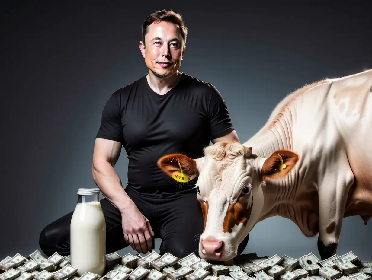 Elon Musk Milking a Cow with Money Background