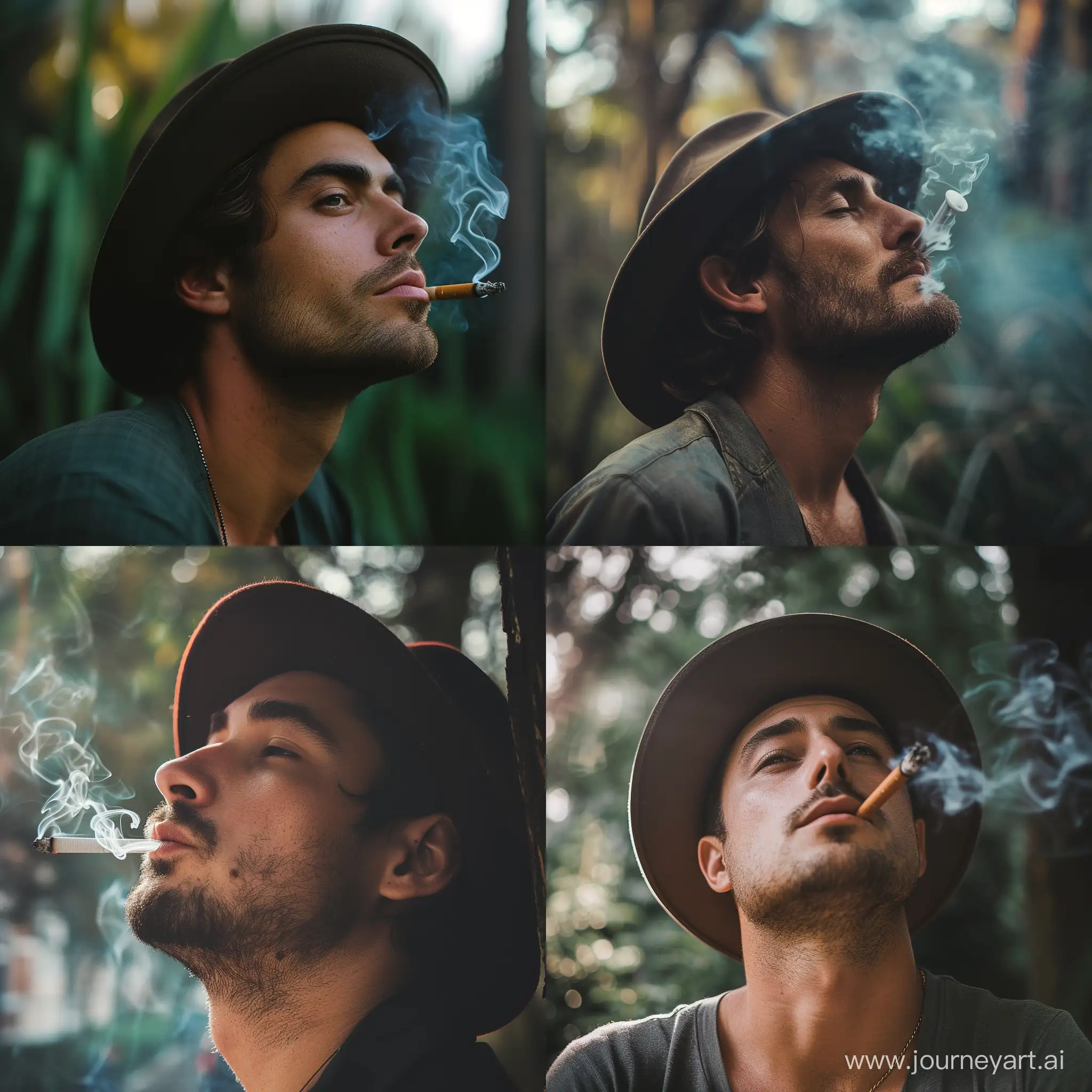 a perfect man wearing hat and smoking cinematic shot outdoor