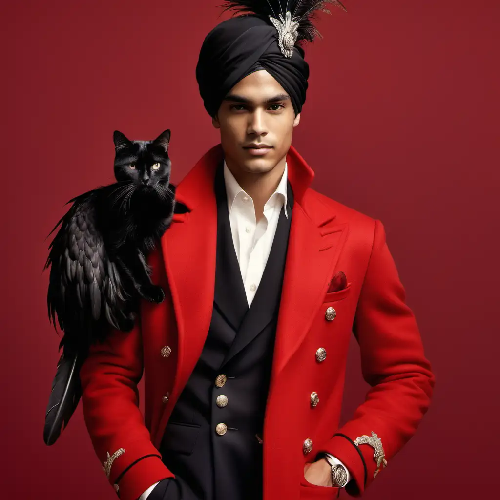 Ralph Lauren red coat, young latin man, turban with big feather, royal red background, holding black cat 