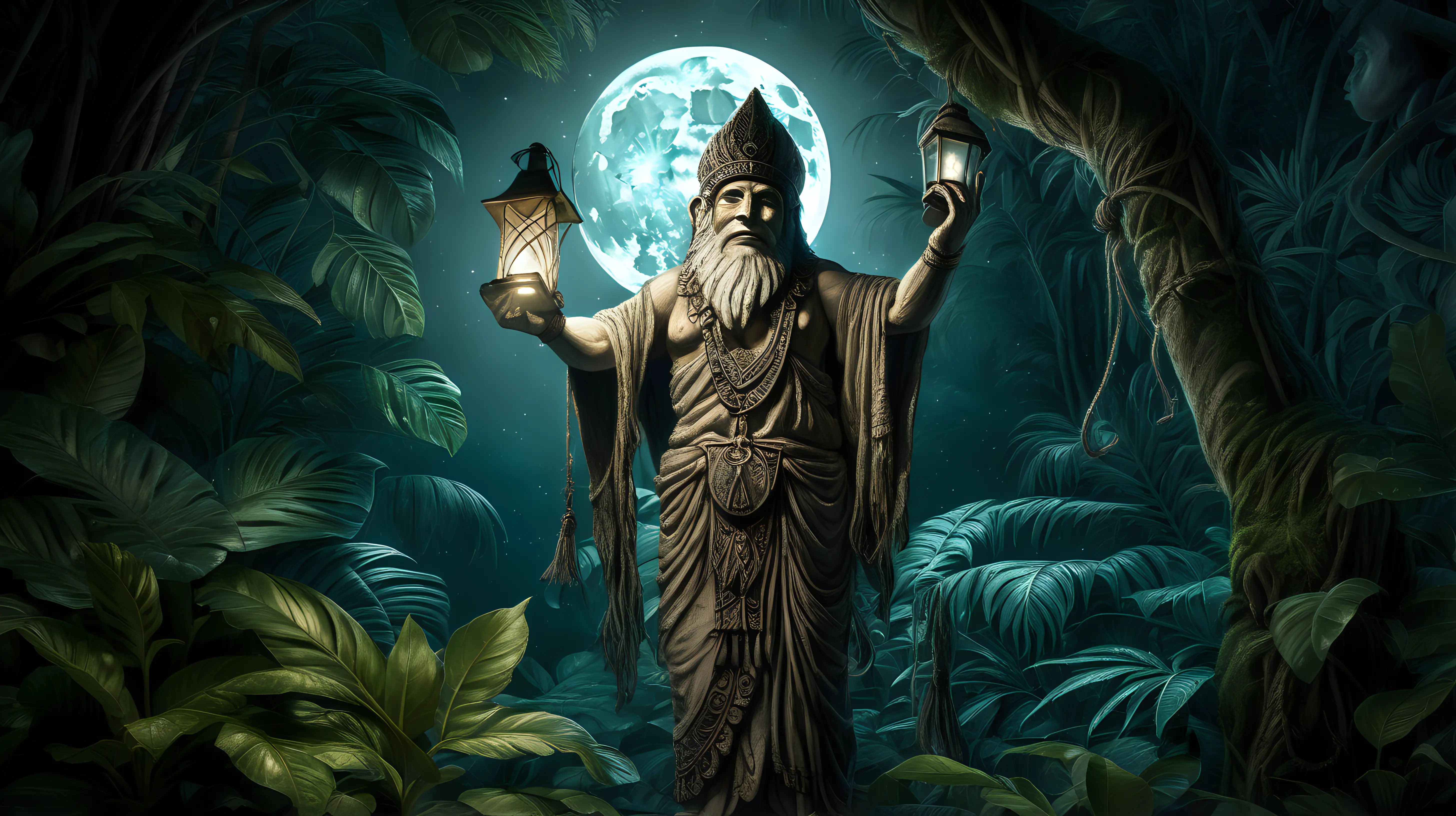 A mysterious, ancient figure holding a lantern aloft in a moonlit jungle, revealing the intricate details of his weathered face and the luminescent foliage that seems to come alive in the darkness.