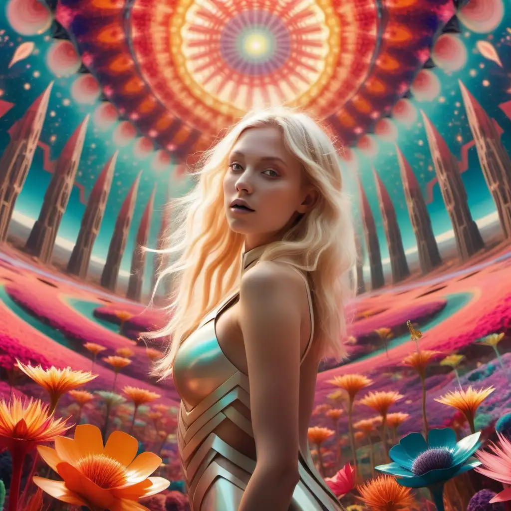 Craft an image that envision a vibrant, fantastical landscape bursting with kaleidoscopic hues and alien flora. Within this captivating scene, a luminous blonde woman exudes an ethereal radiance, standing amidst a diverse assembly of individuals. Before her stretches an unobstructed path, beckoning with clarity and promise.